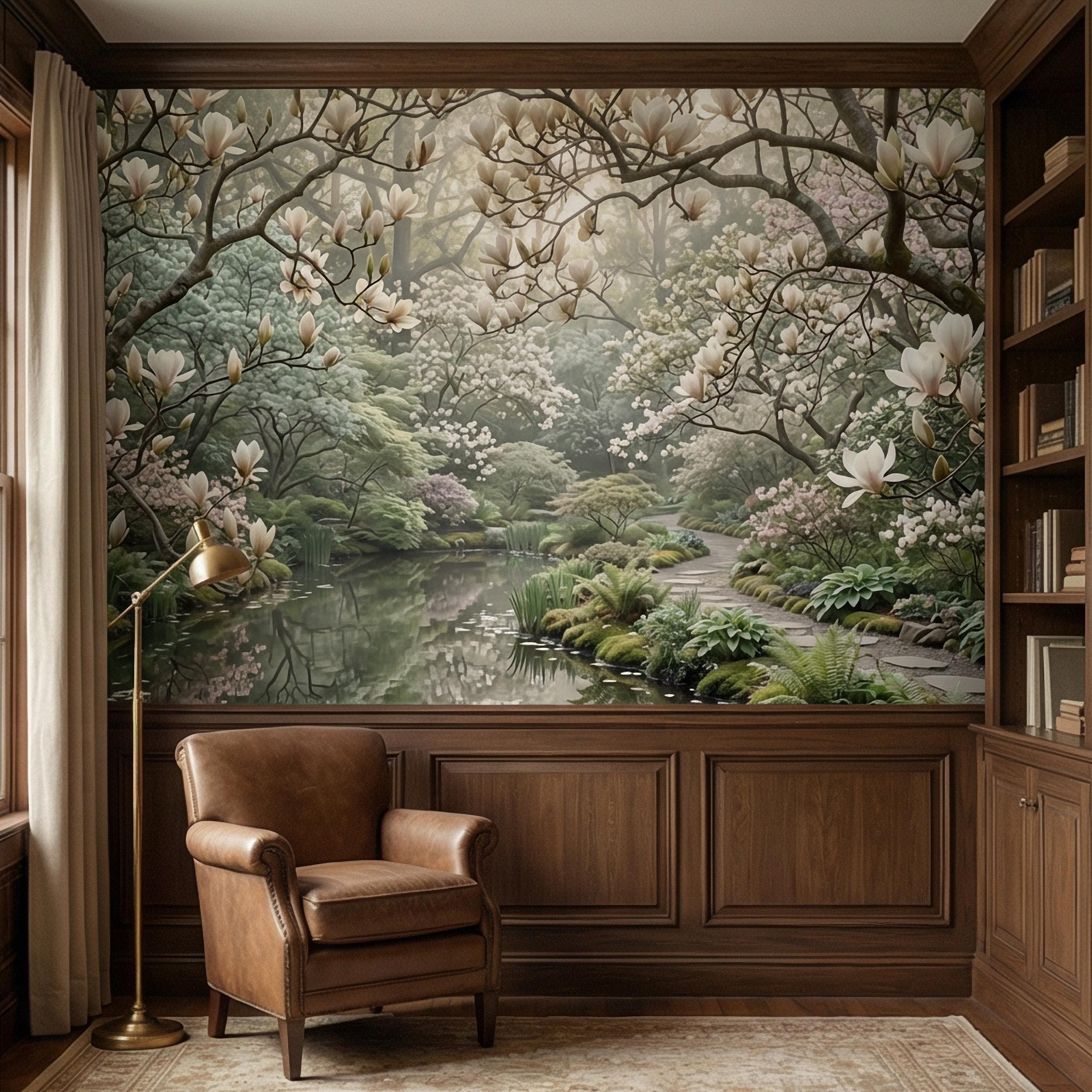 Magnolia Blossom Garden Peel and Stick Wall Mural, Tranquil Pond Botanical Landscape, Serene Spring Garden Wallpaper
