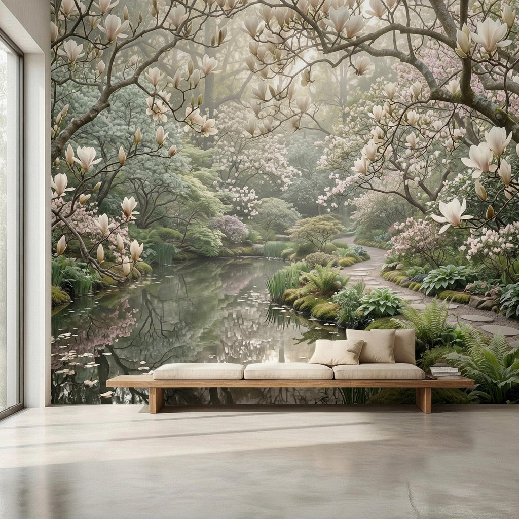 Magnolia Blossom Garden Peel and Stick Wall Mural, Tranquil Pond Botanical Landscape, Serene Spring Garden Wallpaper