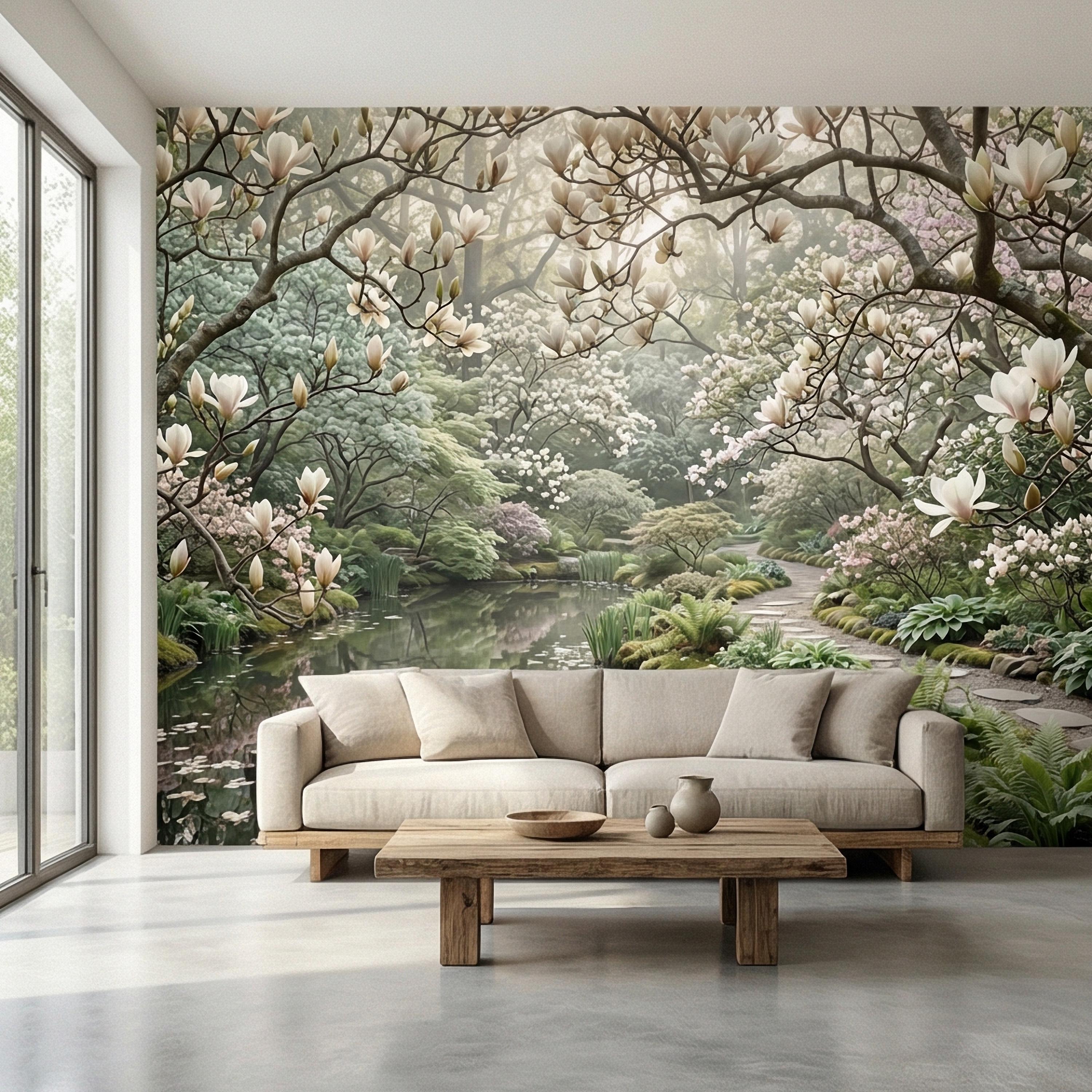Magnolia Blossom Garden Peel and Stick Wall Mural, Tranquil Pond Botanical Landscape, Serene Spring Garden Wallpaper