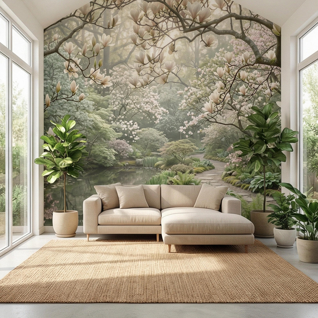Magnolia Blossom Garden Peel and Stick Wall Mural, Tranquil Pond Botanical Landscape, Serene Spring Garden Wallpaper