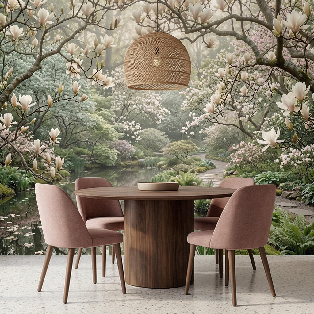 Magnolia Blossom Garden Peel and Stick Wall Mural, Tranquil Pond Botanical Landscape, Serene Spring Garden Wallpaper