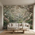 Magnolia Blossom Garden Peel and Stick Wall Mural, Tranquil Pond Botanical Landscape, Serene Spring Garden Wallpaper