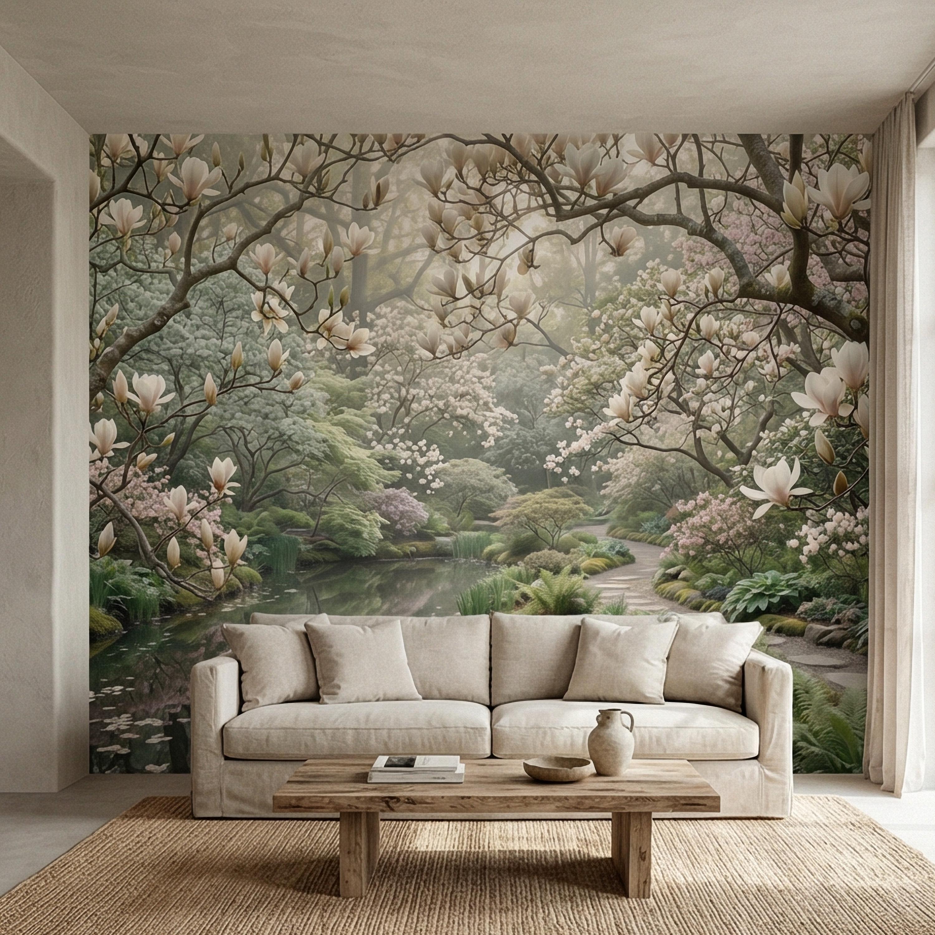 Magnolia Blossom Garden Peel and Stick Wall Mural, Tranquil Pond Botanical Landscape, Serene Spring Garden Wallpaper