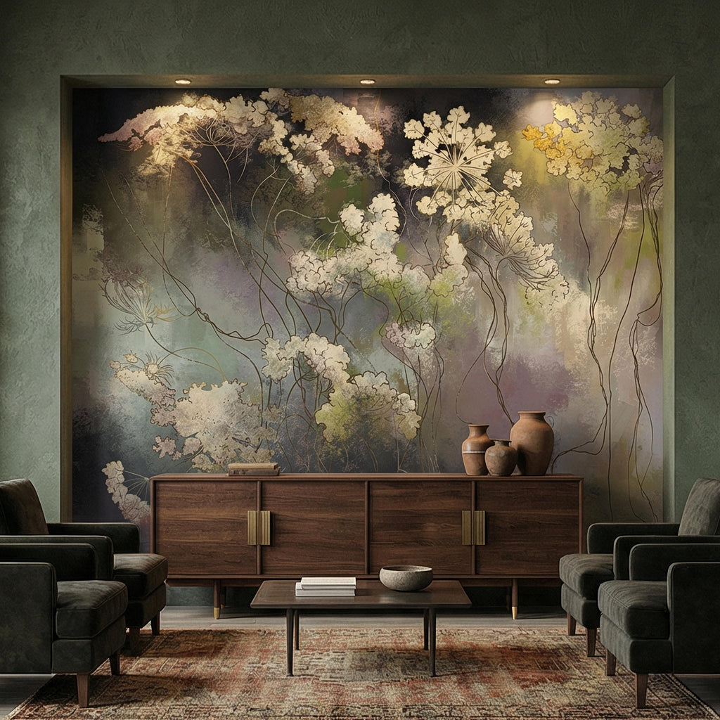 Abstract Botanical Peel and Stick Wall Mural, Moody Wildflower Line Art, Ethereal Floral Mist, Dark Modern Pastel Watercolor Wallpaper