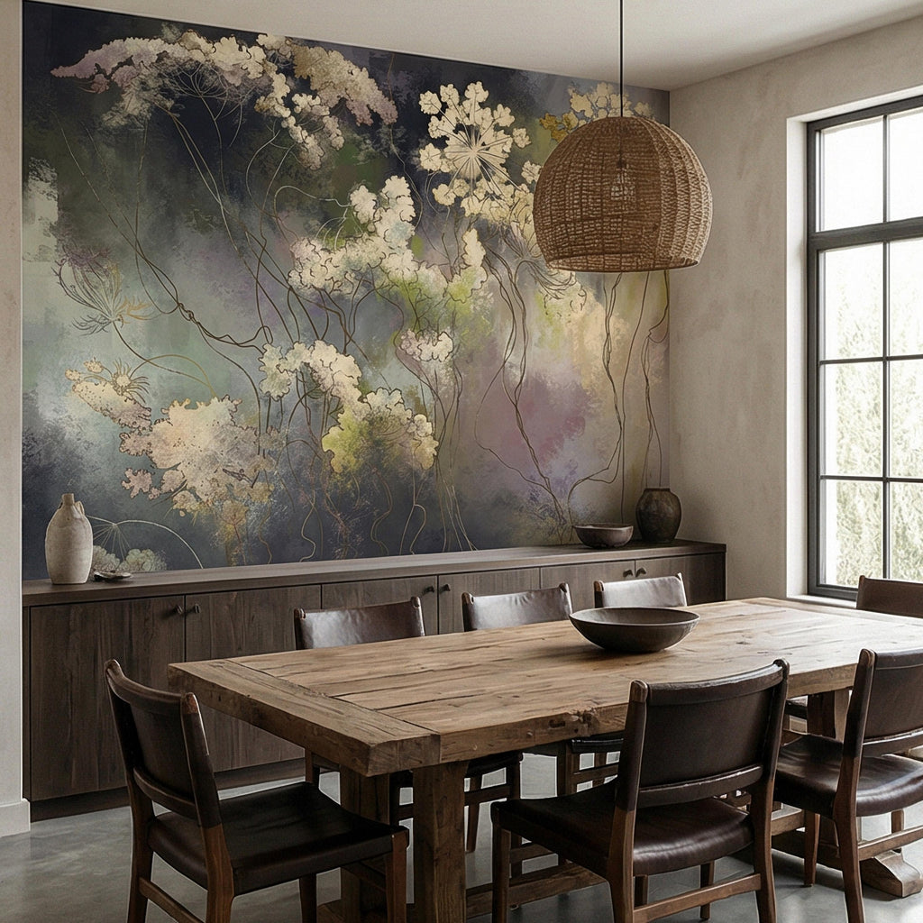 Abstract Botanical Peel and Stick Wall Mural, Moody Wildflower Line Art, Ethereal Floral Mist, Dark Modern Pastel Watercolor Wallpaper