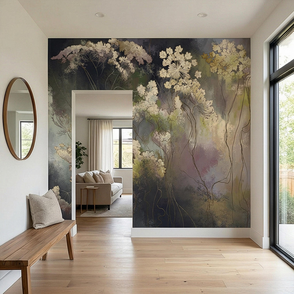 Abstract Botanical Peel and Stick Wall Mural, Moody Wildflower Line Art, Ethereal Floral Mist, Dark Modern Pastel Watercolor Wallpaper