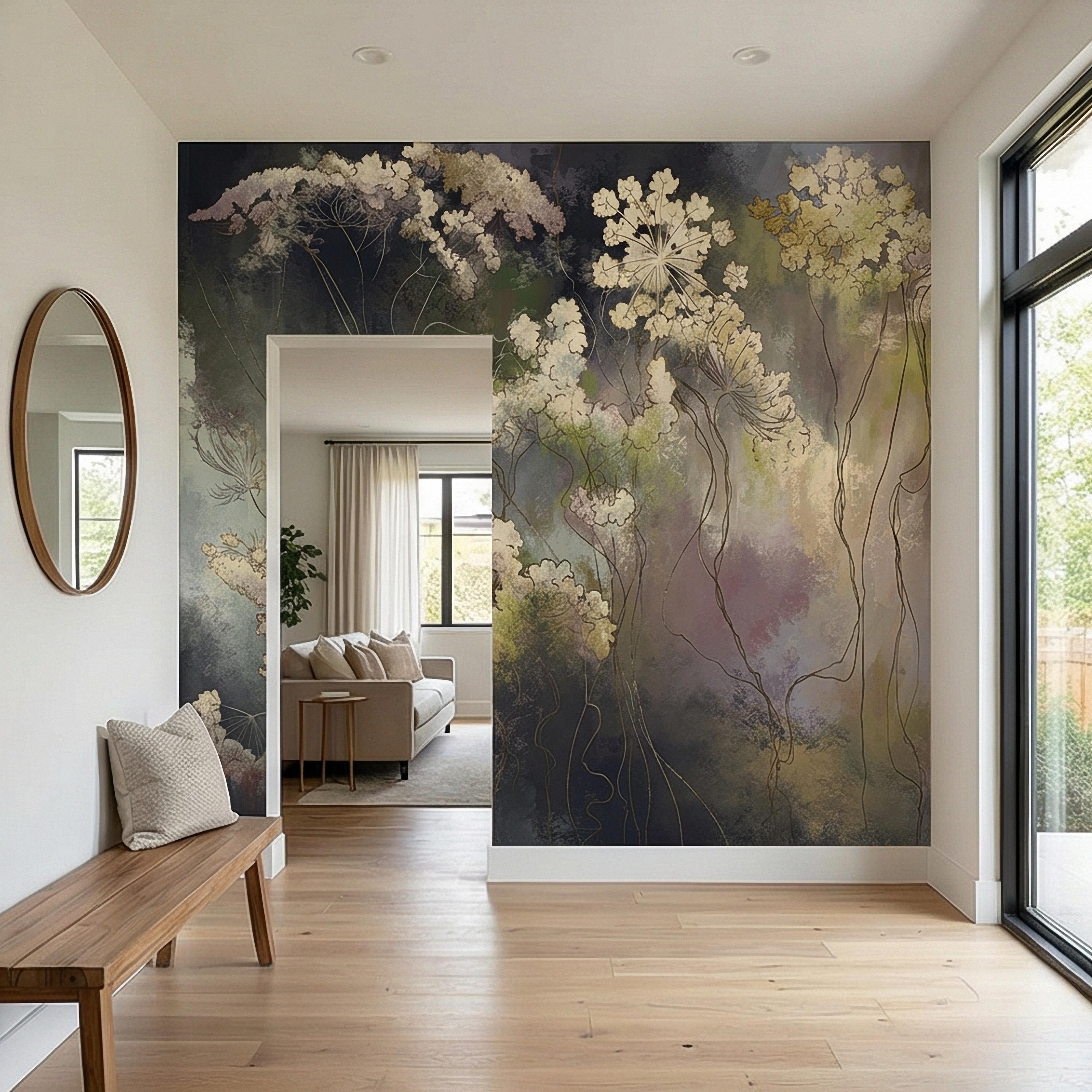 Abstract Botanical Peel and Stick Wall Mural, Moody Wildflower Line Art, Ethereal Floral Mist, Dark Modern Pastel Watercolor Wallpaper