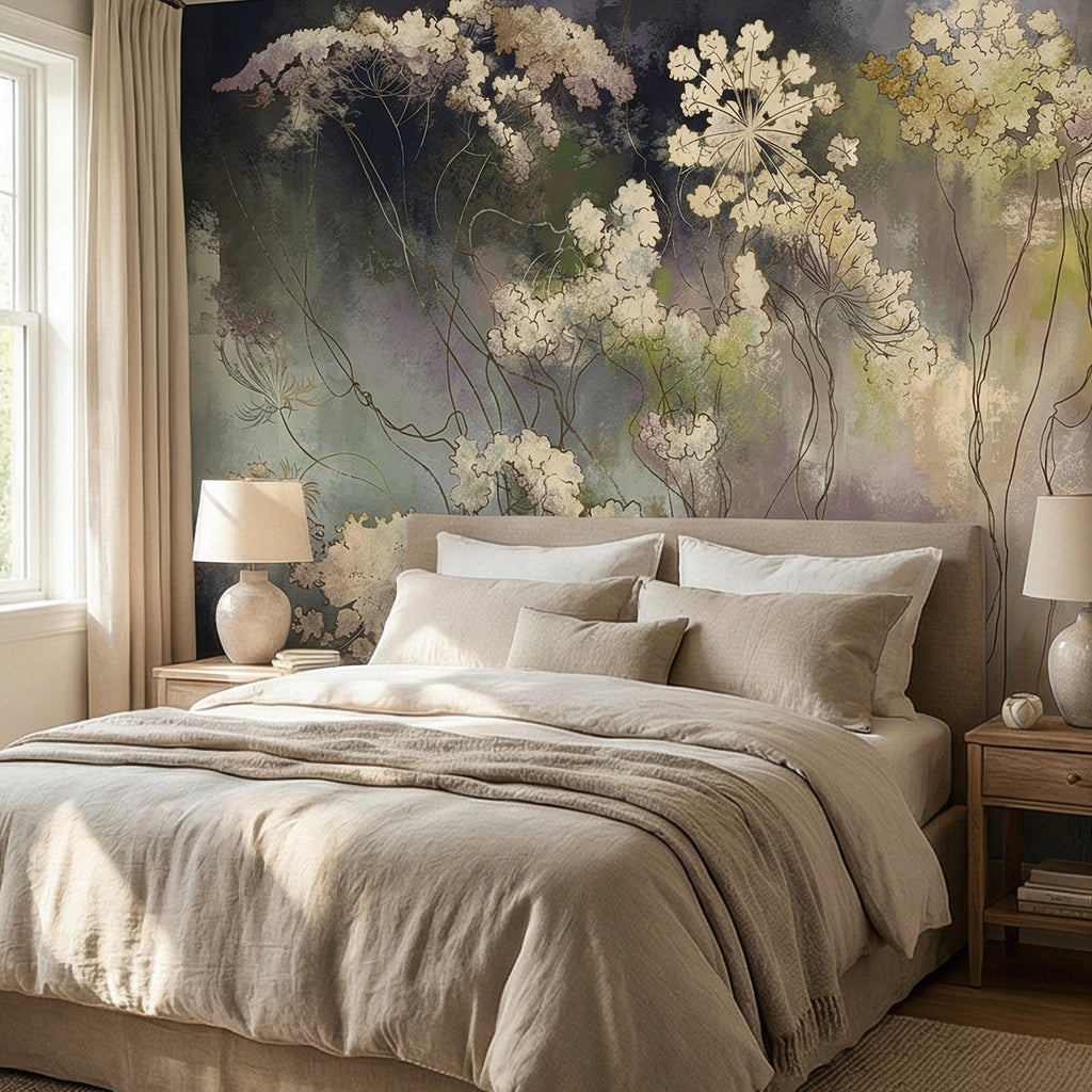 Abstract Botanical Peel and Stick Wall Mural, Moody Wildflower Line Art, Ethereal Floral Mist, Dark Modern Pastel Watercolor Wallpaper