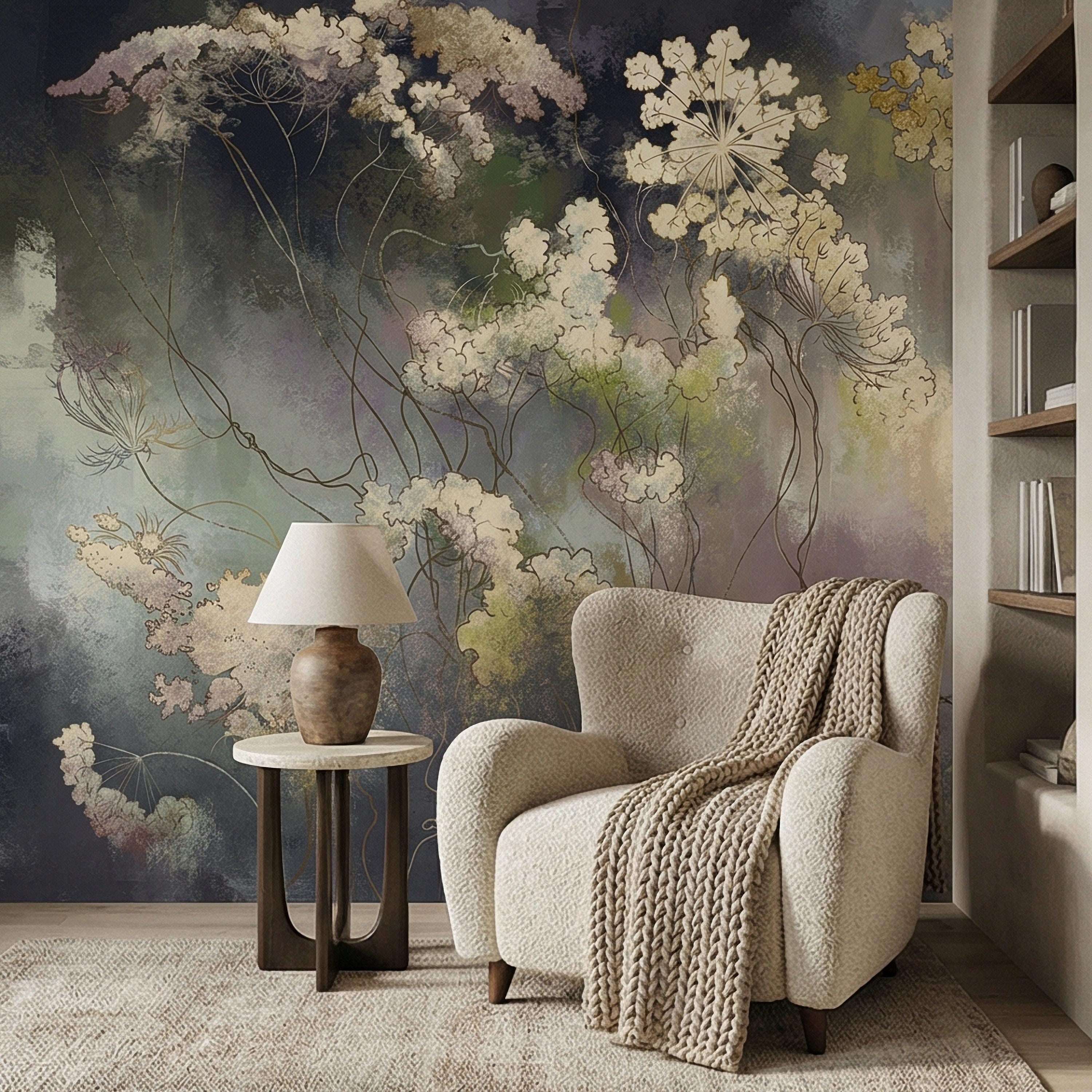 Abstract Botanical Peel and Stick Wall Mural, Moody Wildflower Line Art, Ethereal Floral Mist, Dark Modern Pastel Watercolor Wallpaper
