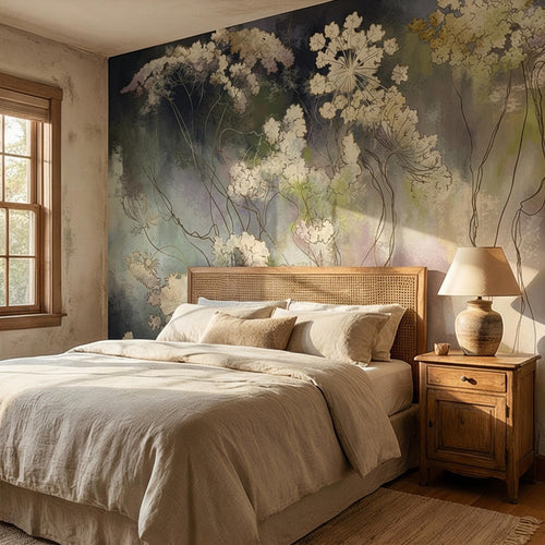 Abstract Botanical Peel and Stick Wall Mural, Moody Wildflower Line Art, Ethereal Floral Mist, Dark Modern Pastel Watercolor Wallpaper