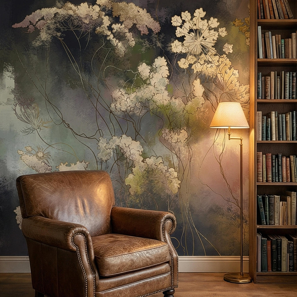 Abstract Botanical Peel and Stick Wall Mural, Moody Wildflower Line Art, Ethereal Floral Mist, Dark Modern Pastel Watercolor Wallpaper