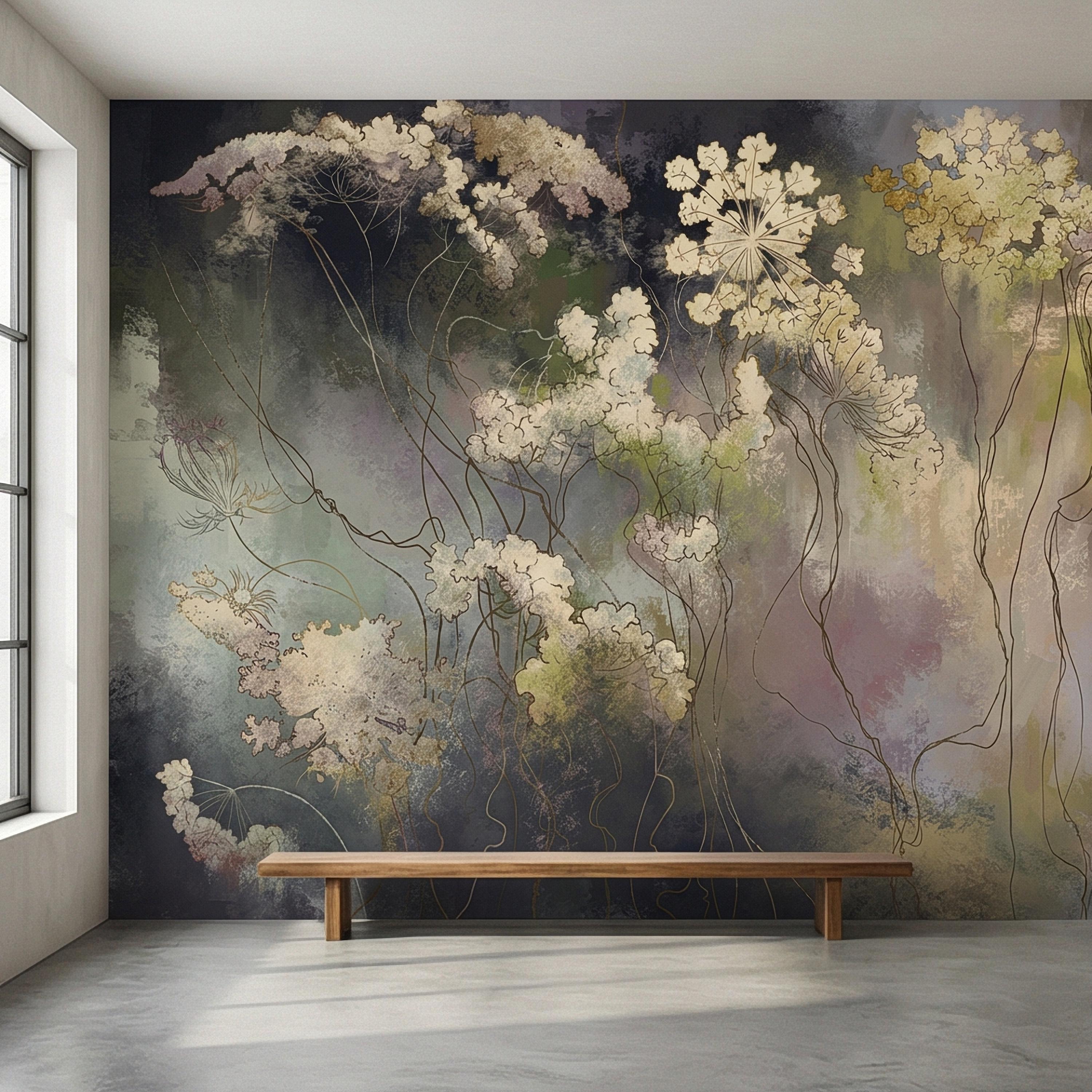 Abstract Botanical Peel and Stick Wall Mural, Moody Wildflower Line Art, Ethereal Floral Mist, Dark Modern Pastel Watercolor Wallpaper