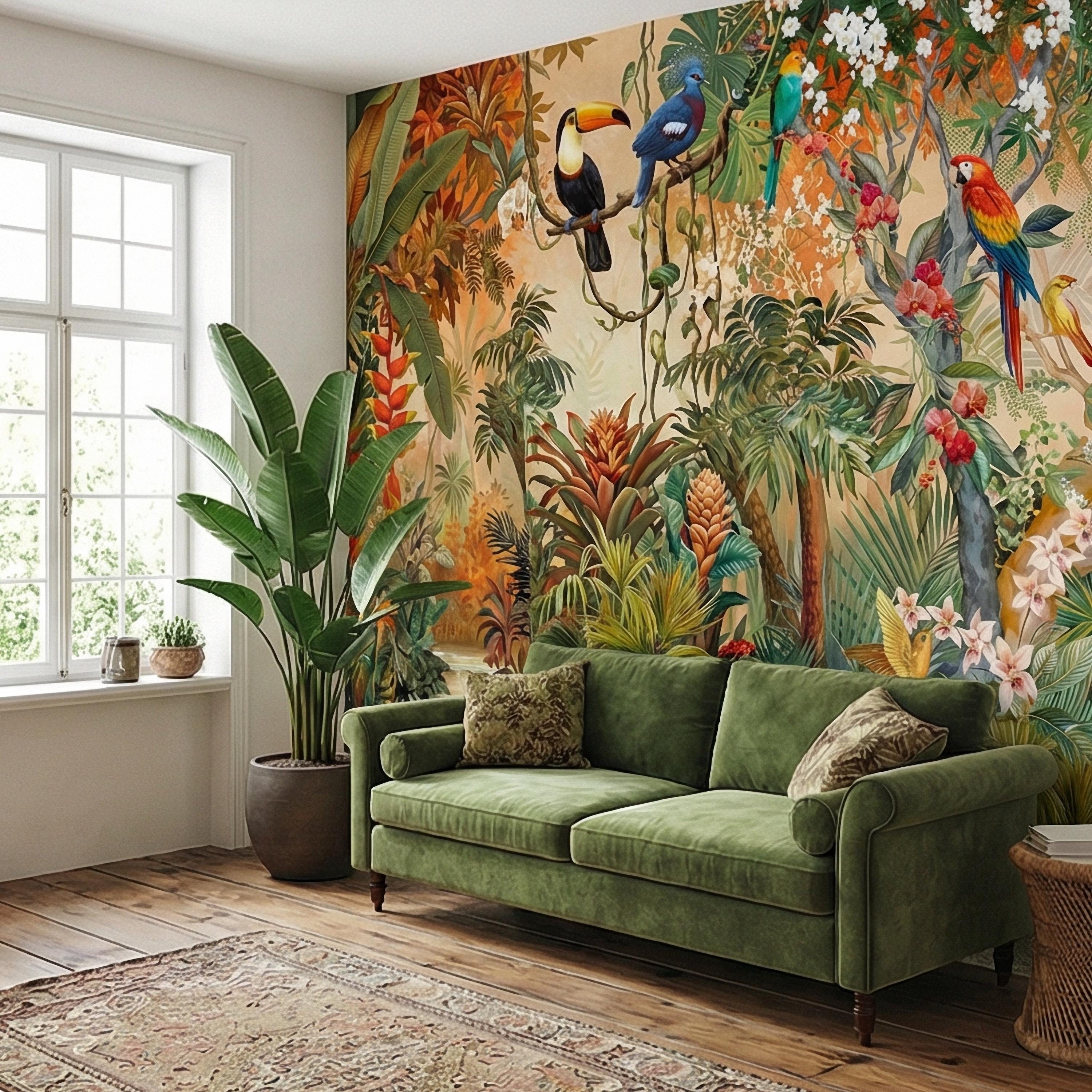 Tropical Jungle Peel and Stick Wall Mural, Colorful Toucan Macaw Parrot Orchid Rainforest, Exotic Bird Palm River Scene Botanical Wallpaper