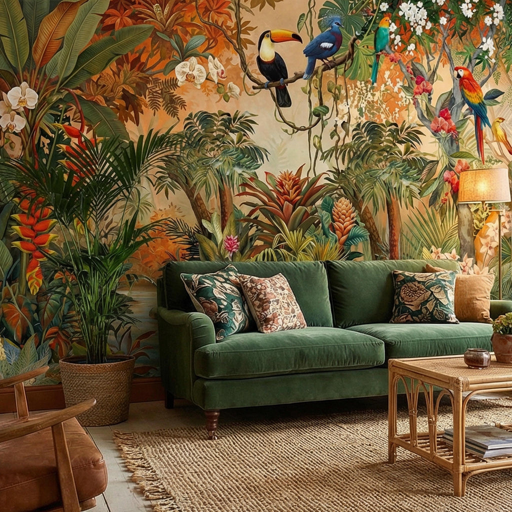 Tropical Jungle Peel and Stick Wall Mural, Colorful Toucan Macaw Parrot Orchid Rainforest, Exotic Bird Palm River Scene Botanical Wallpaper