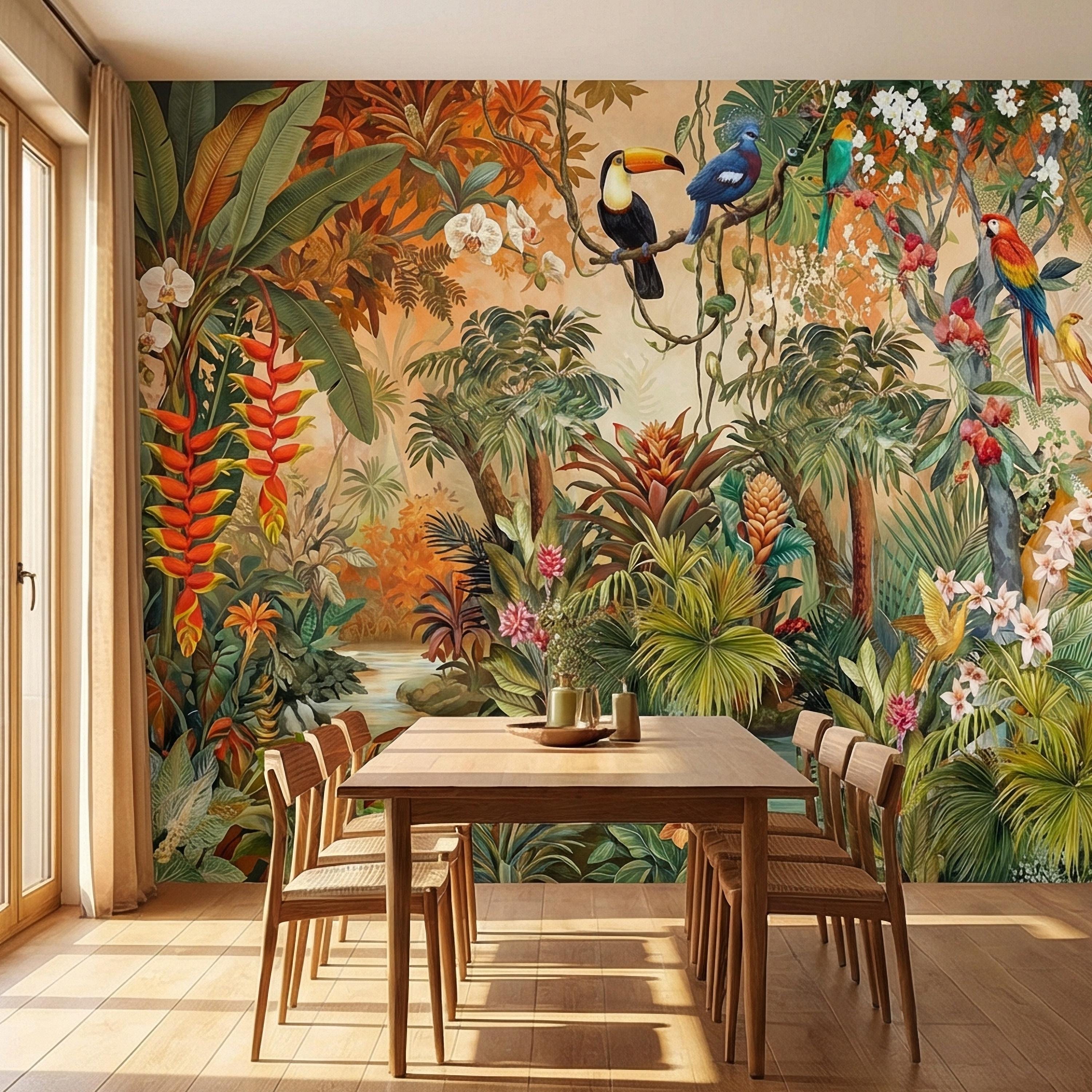 Tropical Jungle Peel and Stick Wall Mural, Colorful Toucan Macaw Parrot Orchid Rainforest, Exotic Bird Palm River Scene Botanical Wallpaper