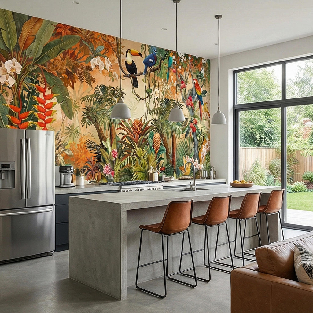 Tropical Jungle Peel and Stick Wall Mural, Colorful Toucan Macaw Parrot Orchid Rainforest, Exotic Bird Palm River Scene Botanical Wallpaper
