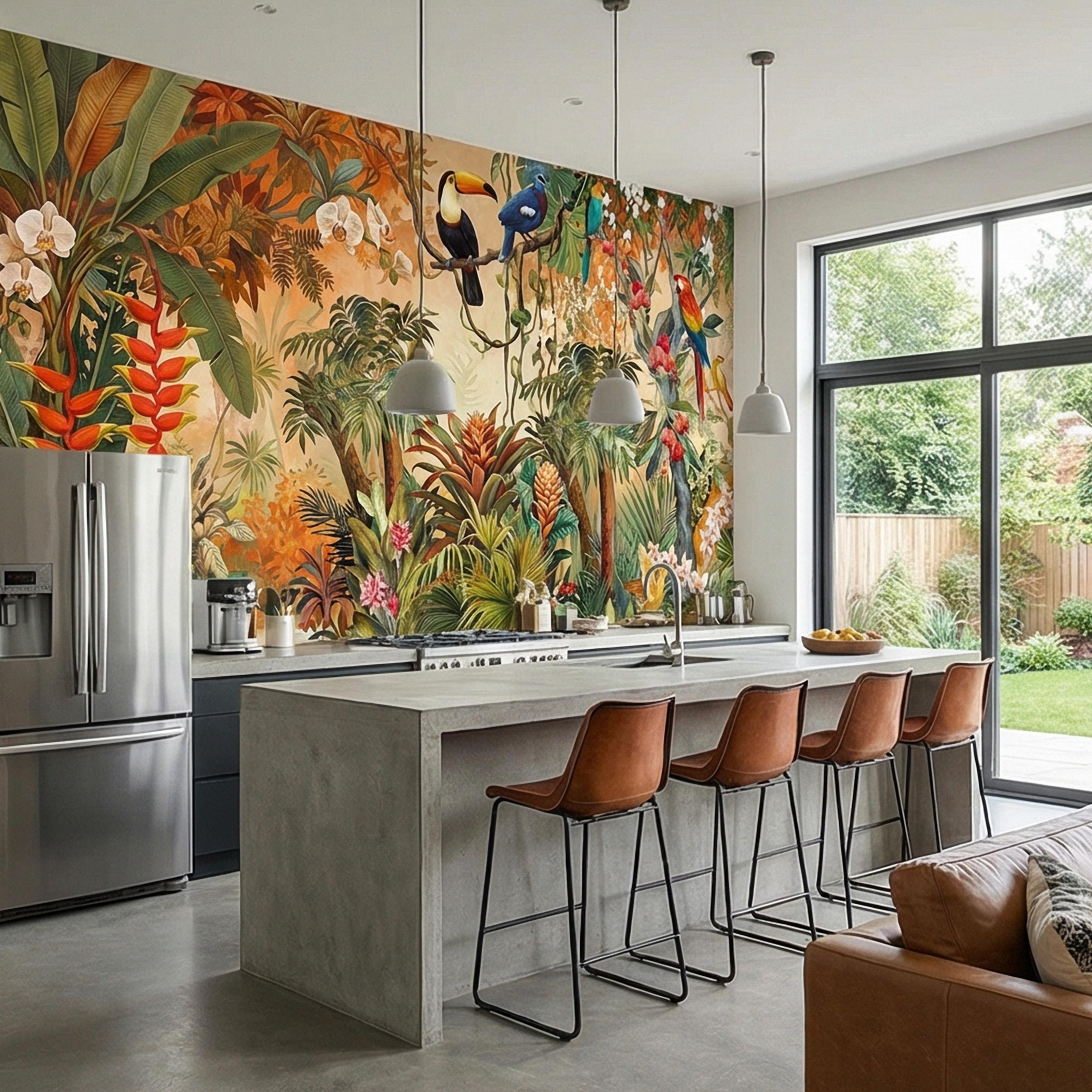 Tropical Jungle Peel and Stick Wall Mural, Colorful Toucan Macaw Parrot Orchid Rainforest, Exotic Bird Palm River Scene Botanical Wallpaper