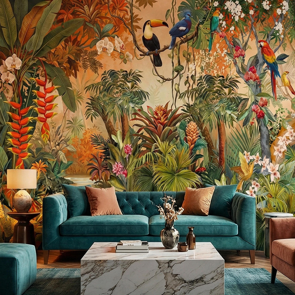 Tropical Jungle Peel and Stick Wall Mural, Colorful Toucan Macaw Parrot Orchid Rainforest, Exotic Bird Palm River Scene Botanical Wallpaper