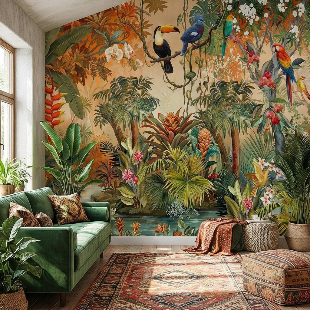 Tropical Jungle Peel and Stick Wall Mural, Colorful Toucan Macaw Parrot Orchid Rainforest, Exotic Bird Palm River Scene Botanical Wallpaper