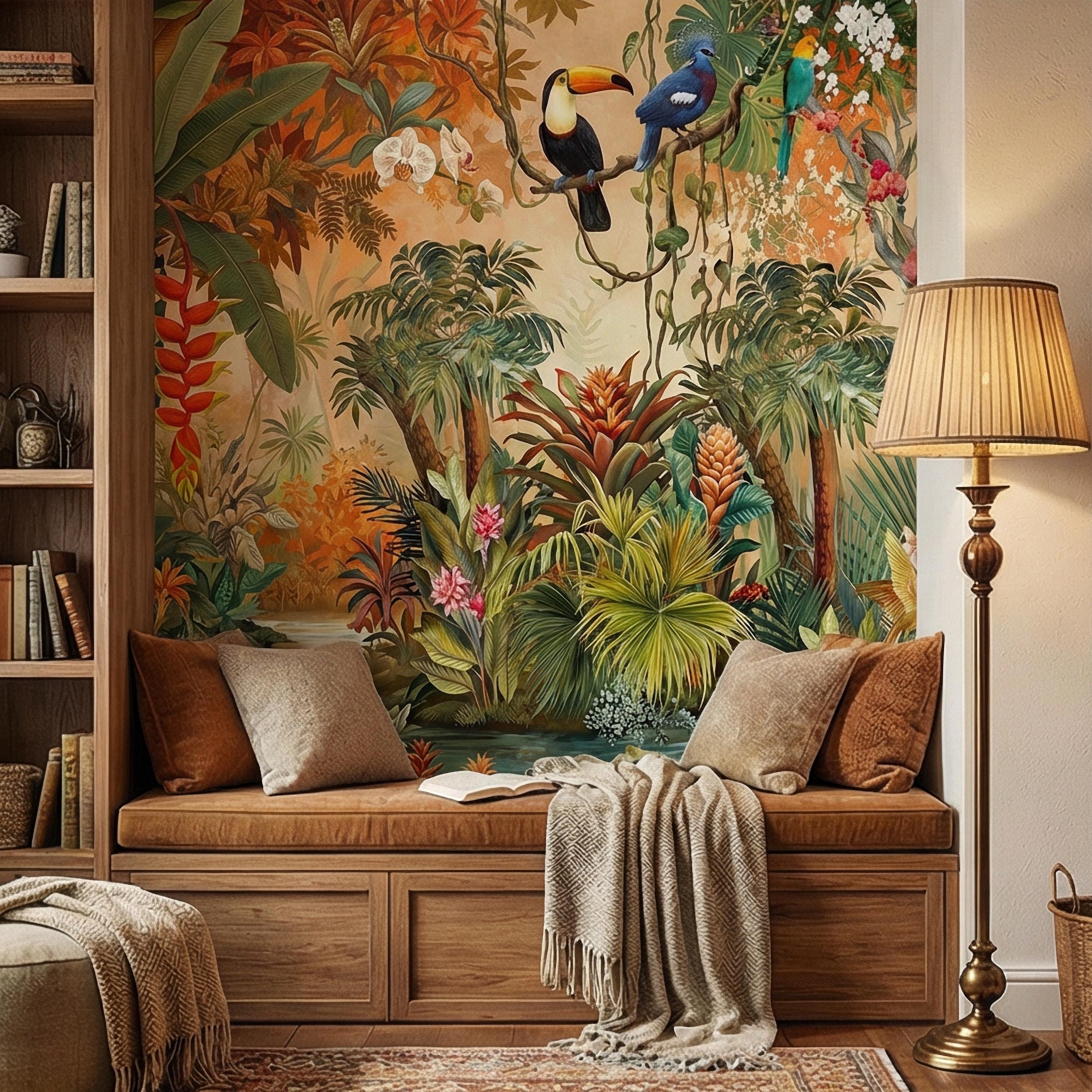 Tropical Jungle Peel and Stick Wall Mural, Colorful Toucan Macaw Parrot Orchid Rainforest, Exotic Bird Palm River Scene Botanical Wallpaper