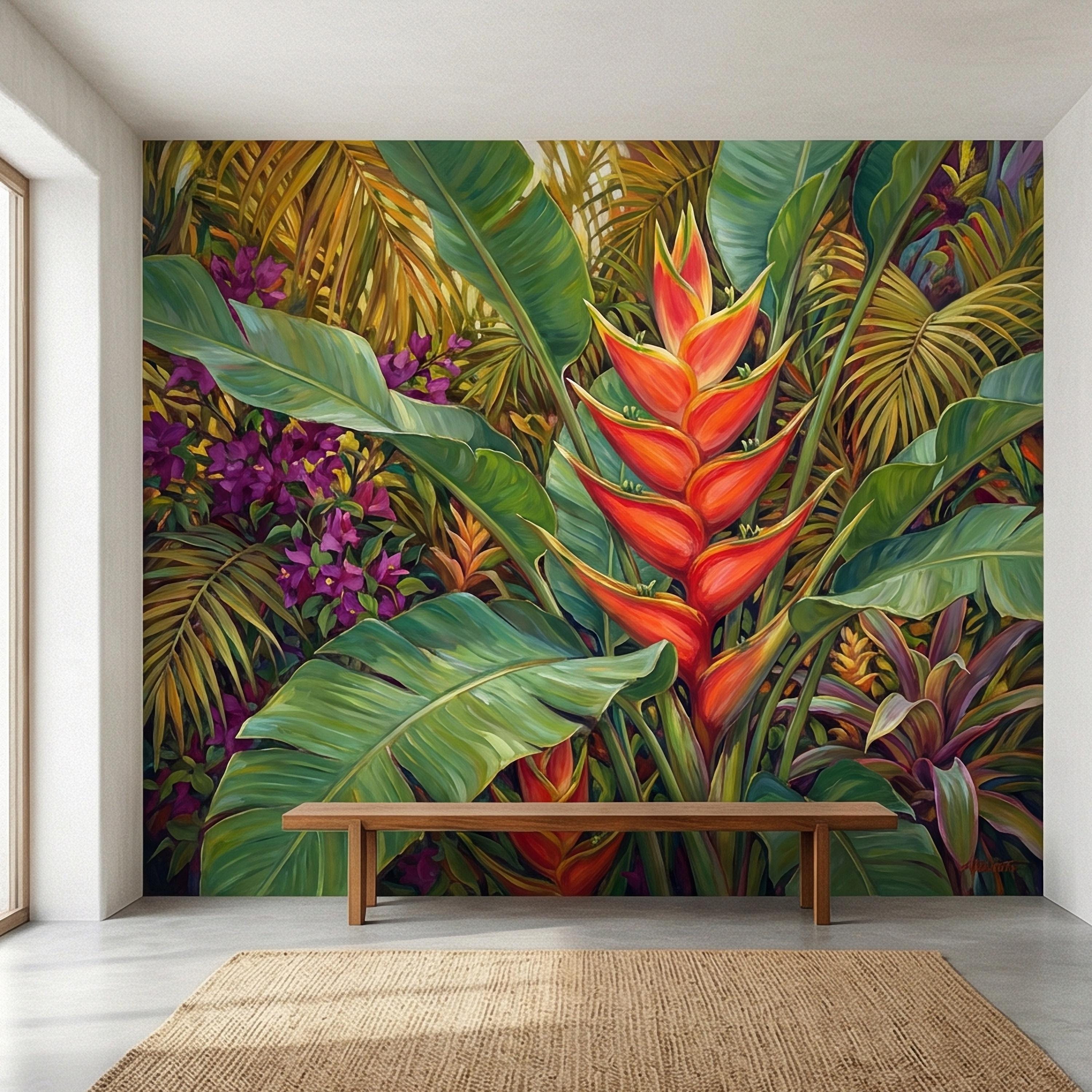 Tropical Heliconia Peel and Stick Wall Mural, Lush Jungle Banana Leaf Botanical, Exotic Rainforest Floral, Painted Tropical Garden Wallpaper