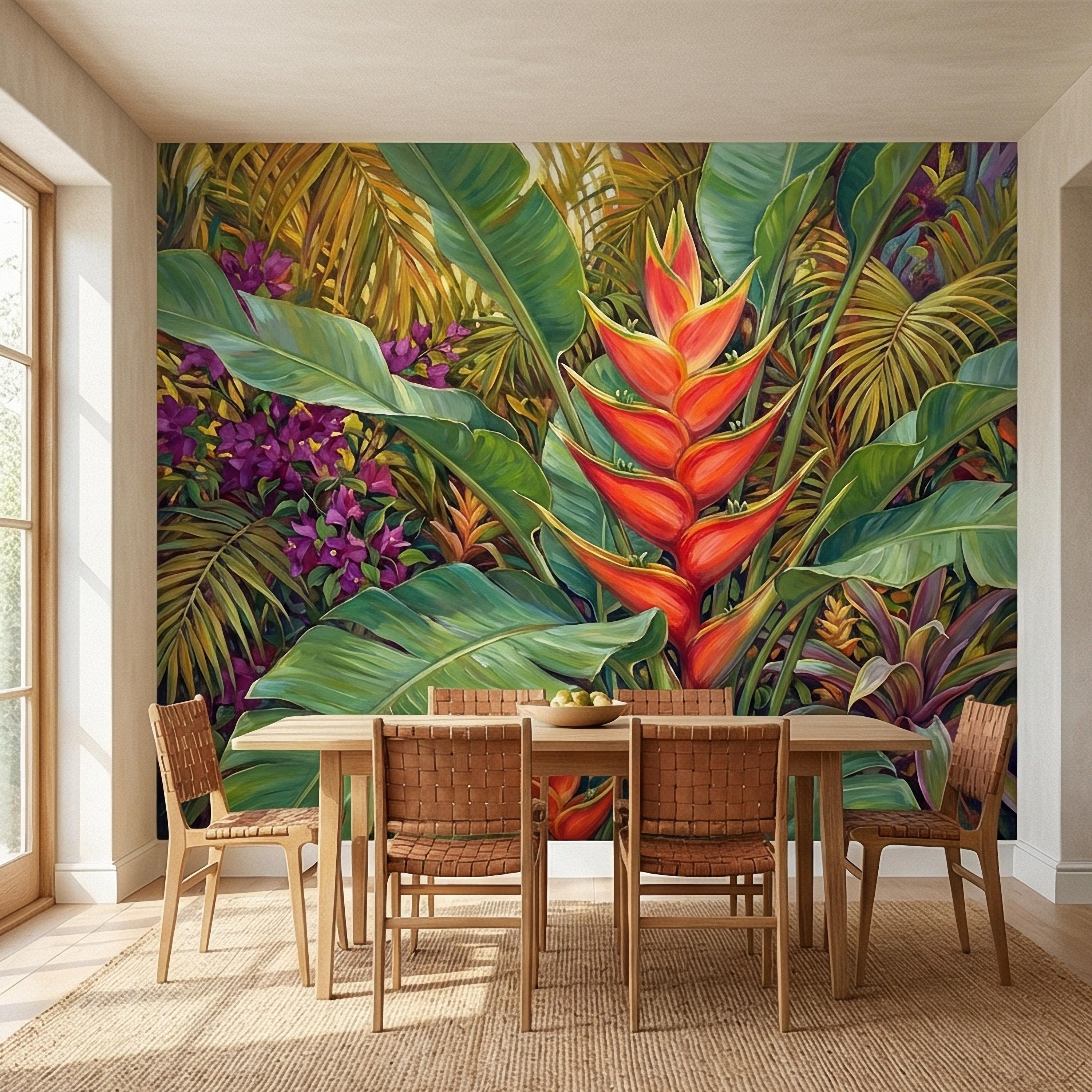 Tropical Heliconia Peel and Stick Wall Mural, Lush Jungle Banana Leaf Botanical, Exotic Rainforest Floral, Painted Tropical Garden Wallpaper