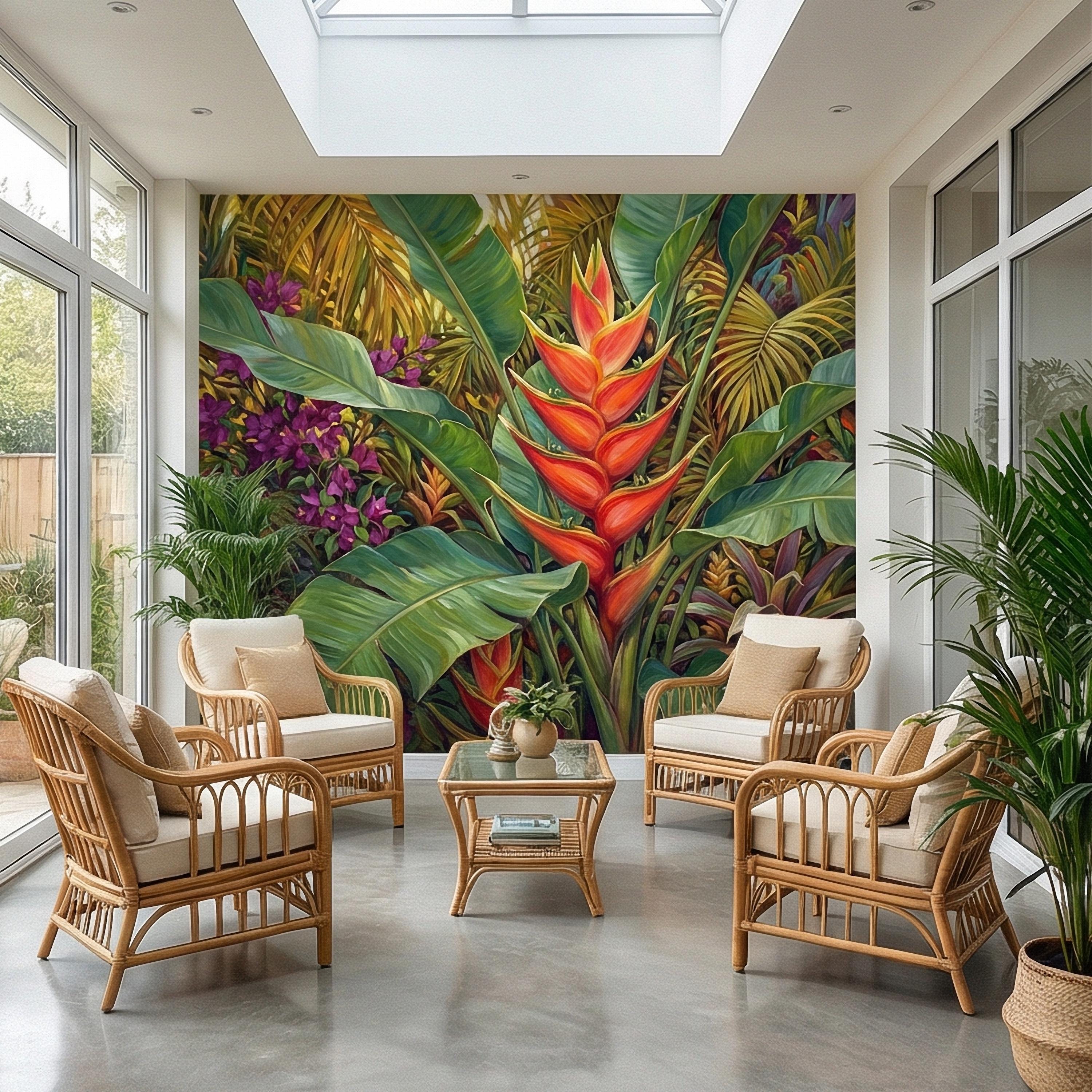 Tropical Heliconia Peel and Stick Wall Mural, Lush Jungle Banana Leaf Botanical, Exotic Rainforest Floral, Painted Tropical Garden Wallpaper