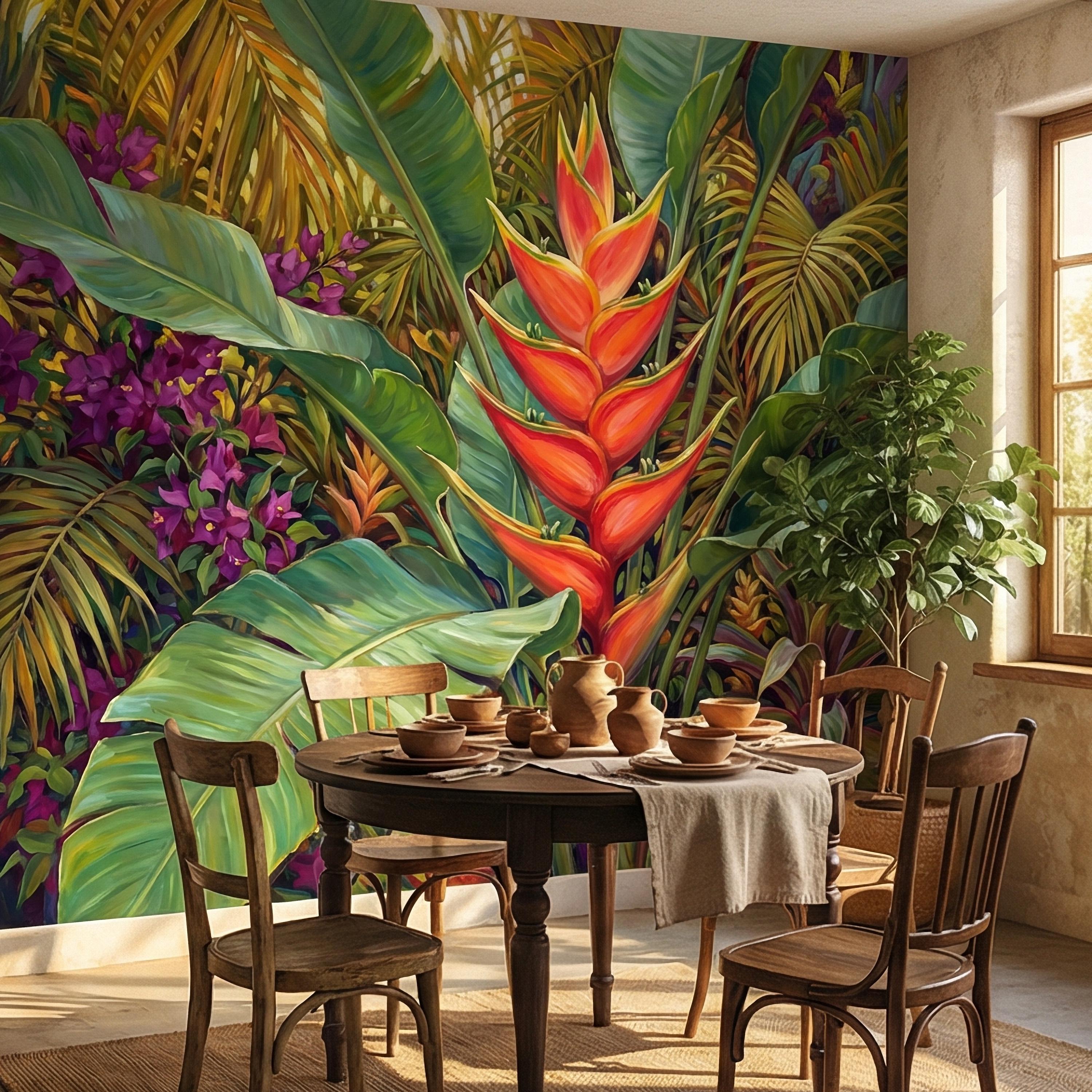Tropical Heliconia Peel and Stick Wall Mural, Lush Jungle Banana Leaf Botanical, Exotic Rainforest Floral, Painted Tropical Garden Wallpaper