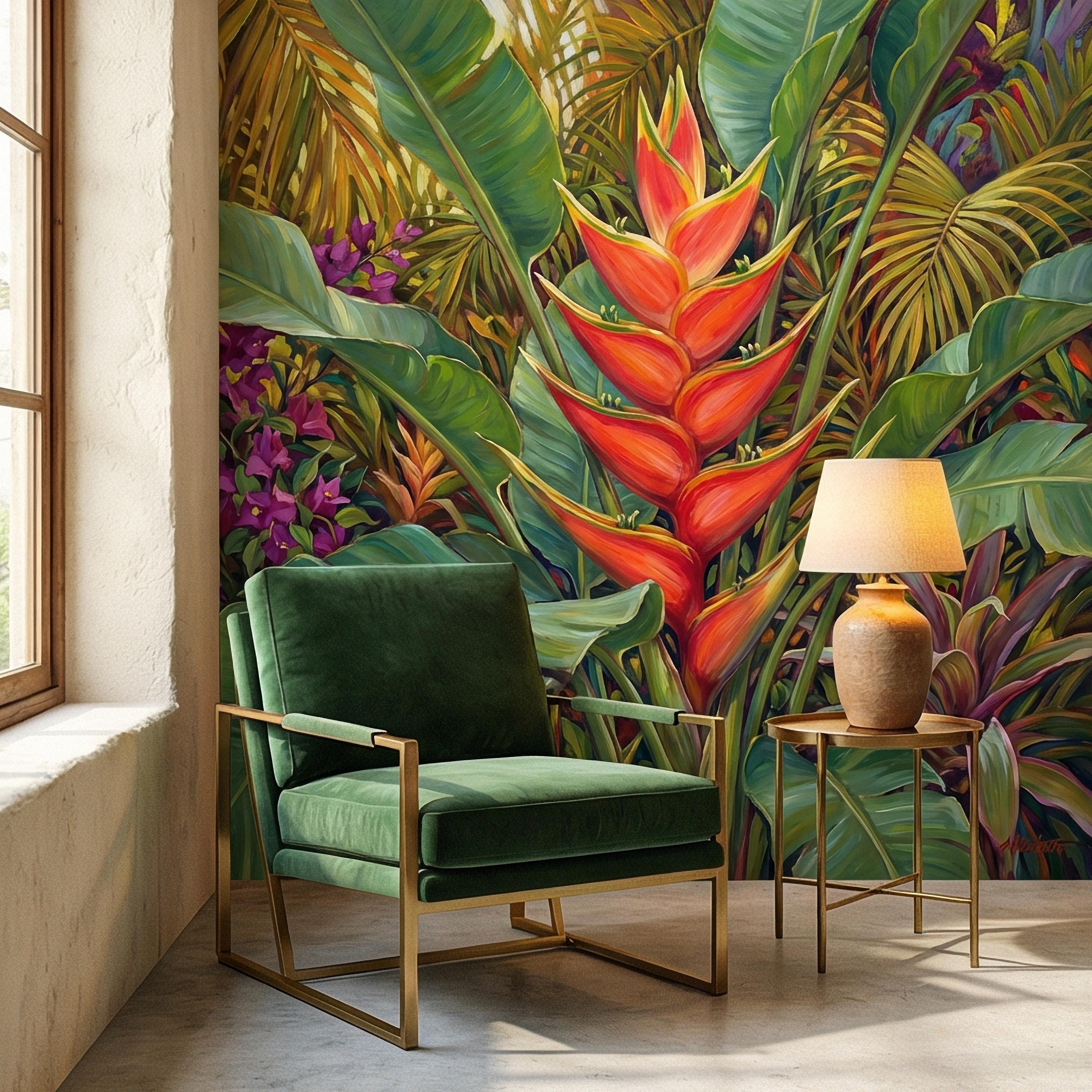 Tropical Heliconia Peel and Stick Wall Mural, Lush Jungle Banana Leaf Botanical, Exotic Rainforest Floral, Painted Tropical Garden Wallpaper