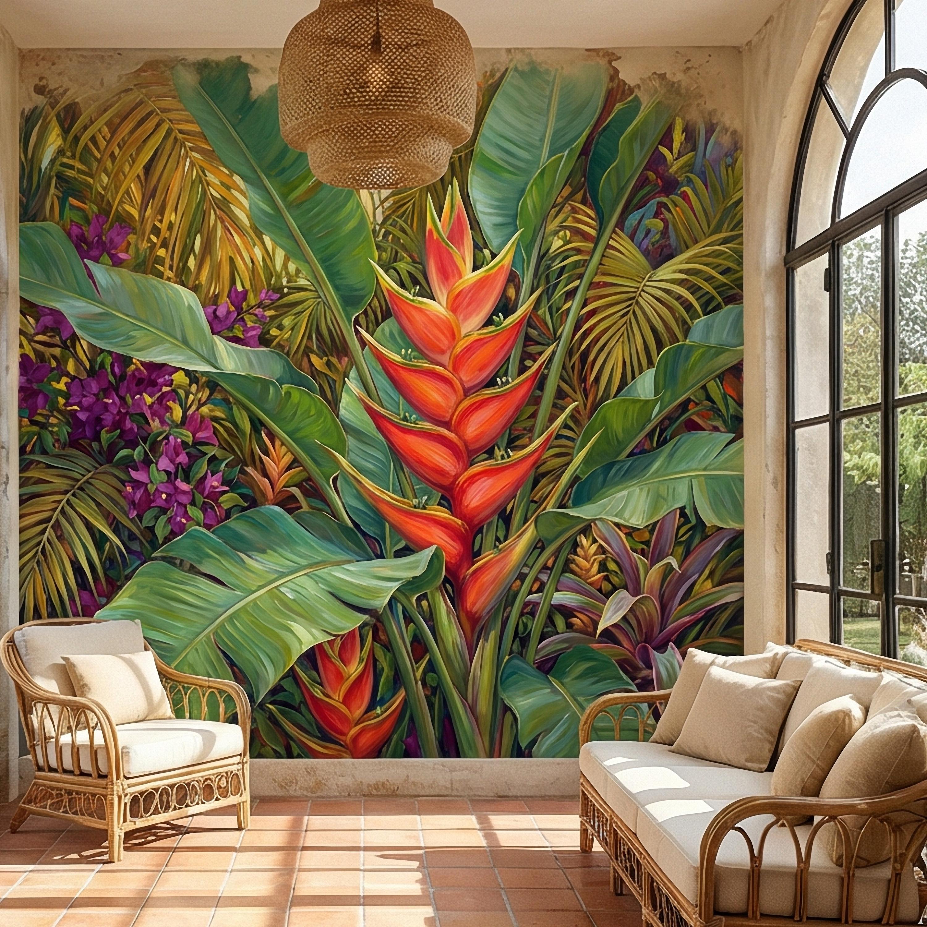 Tropical Heliconia Peel and Stick Wall Mural, Lush Jungle Banana Leaf Botanical, Exotic Rainforest Floral, Painted Tropical Garden Wallpaper