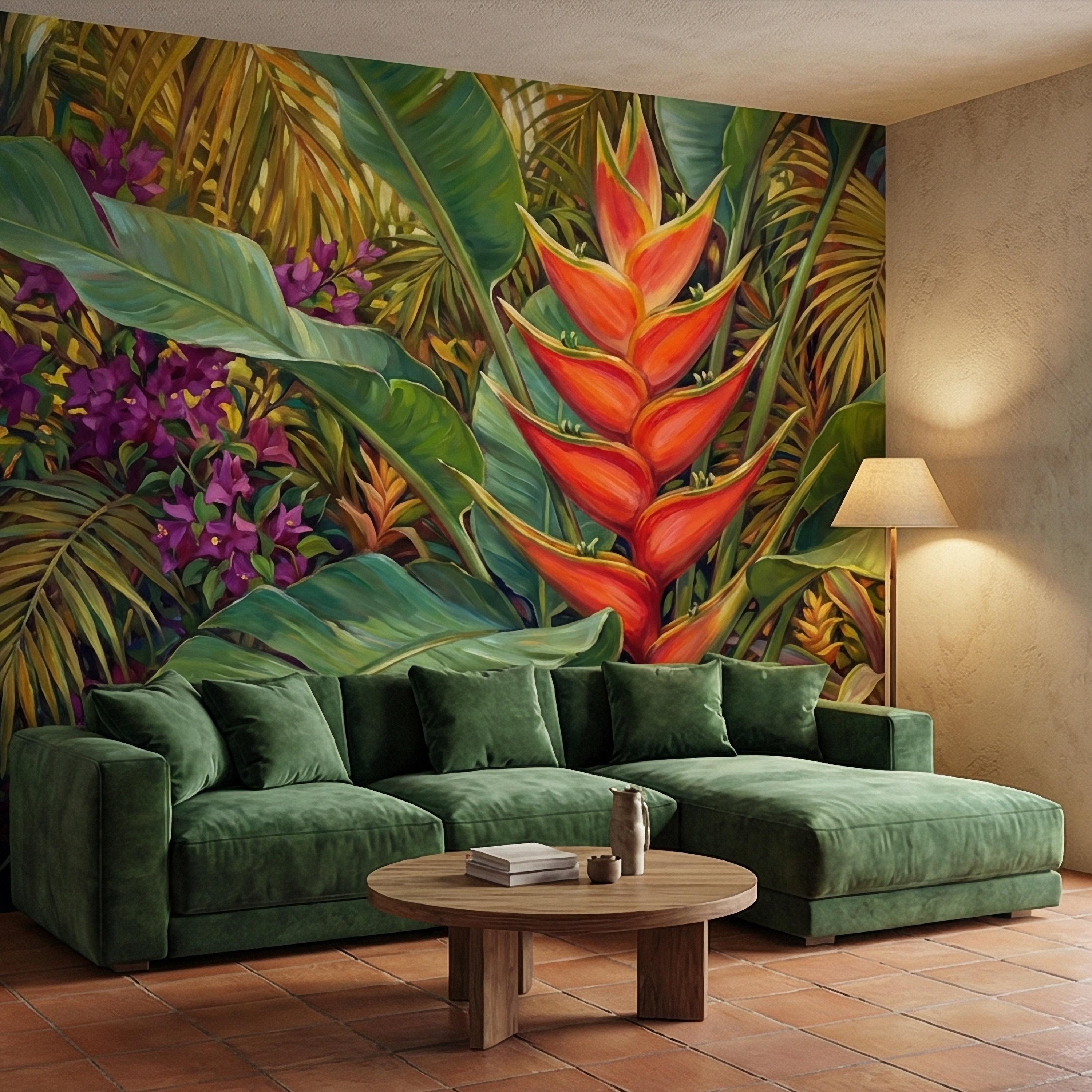 Tropical Heliconia Peel and Stick Wall Mural, Lush Jungle Banana Leaf Botanical, Exotic Rainforest Floral, Painted Tropical Garden Wallpaper