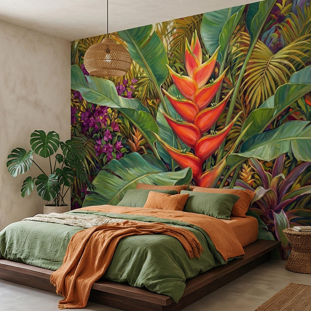 Tropical Heliconia Peel and Stick Wall Mural, Lush Jungle Banana Leaf Botanical, Exotic Rainforest Floral, Painted Tropical Garden Wallpaper