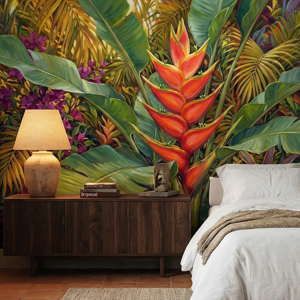 Tropical Heliconia Peel and Stick Wall Mural, Lush Jungle Banana Leaf Botanical, Exotic Rainforest Floral, Painted Tropical Garden Wallpaper