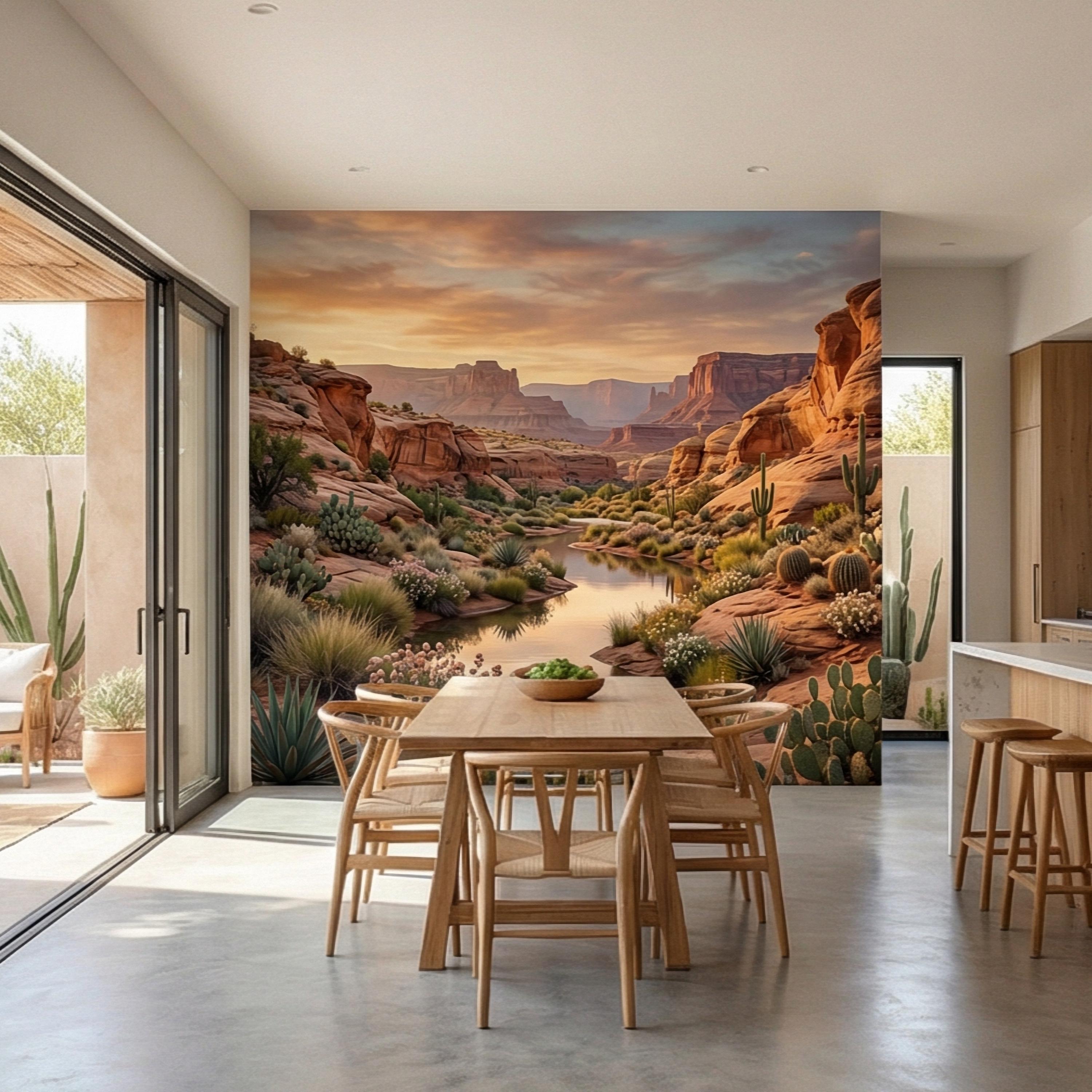 Southwest Desert Canyon Sunset Peel and Stick Wall Mural, Arizona Red Rock Desert Landscape Wallpaper