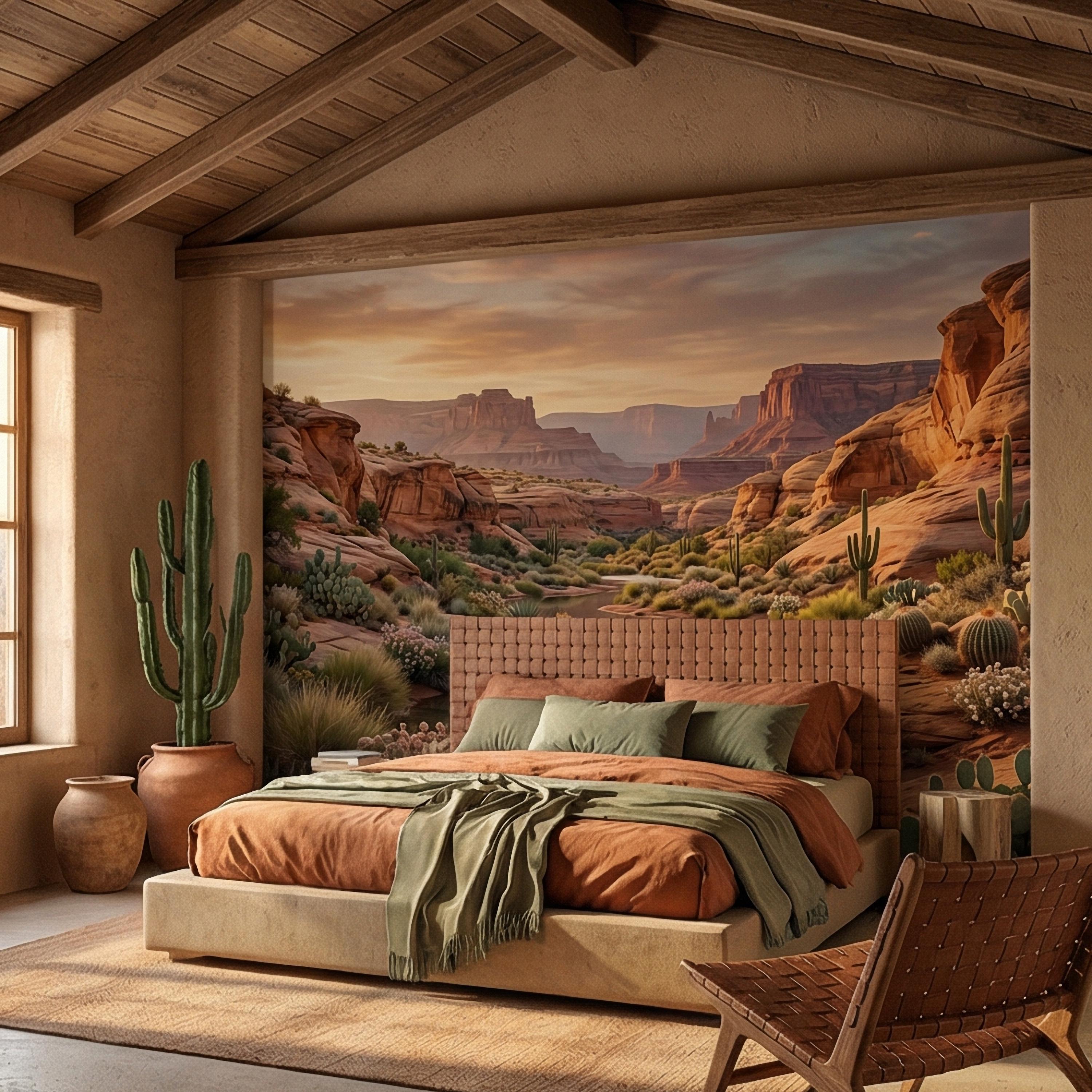 Southwest Desert Canyon Sunset Peel and Stick Wall Mural, Arizona Red Rock Desert Landscape Wallpaper