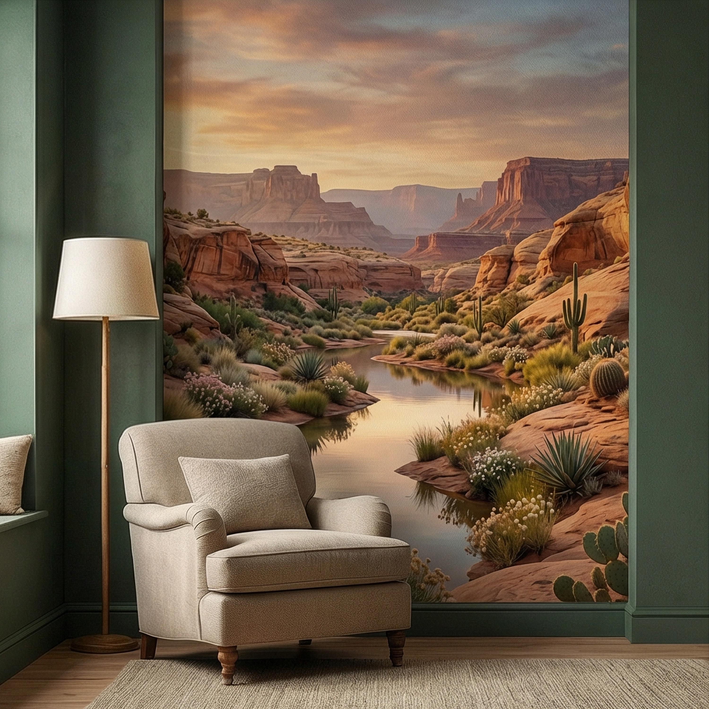 Southwest Desert Canyon Sunset Peel and Stick Wall Mural, Arizona Red Rock Desert Landscape Wallpaper