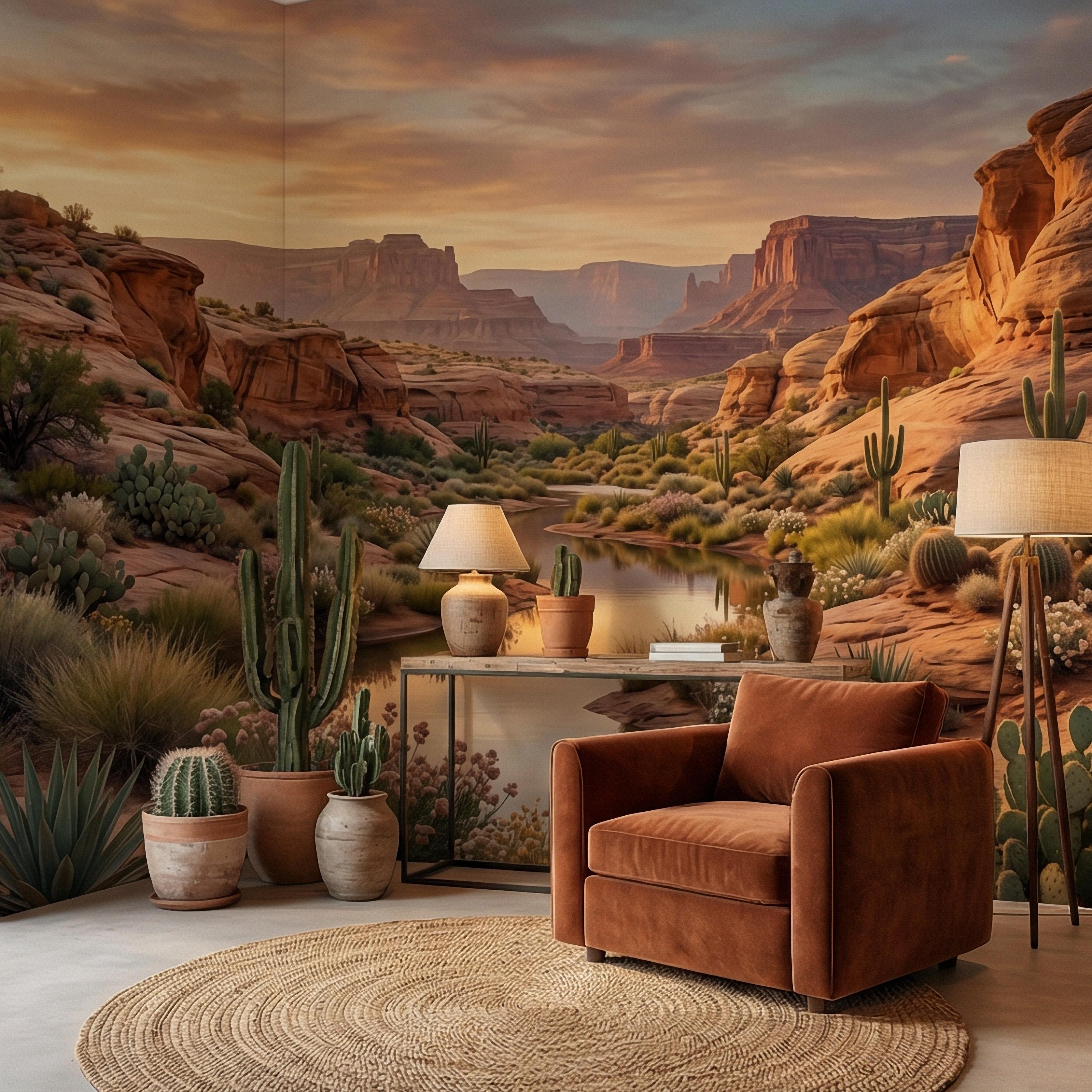 Southwest Desert Canyon Sunset Peel and Stick Wall Mural, Arizona Red Rock Desert Landscape Wallpaper