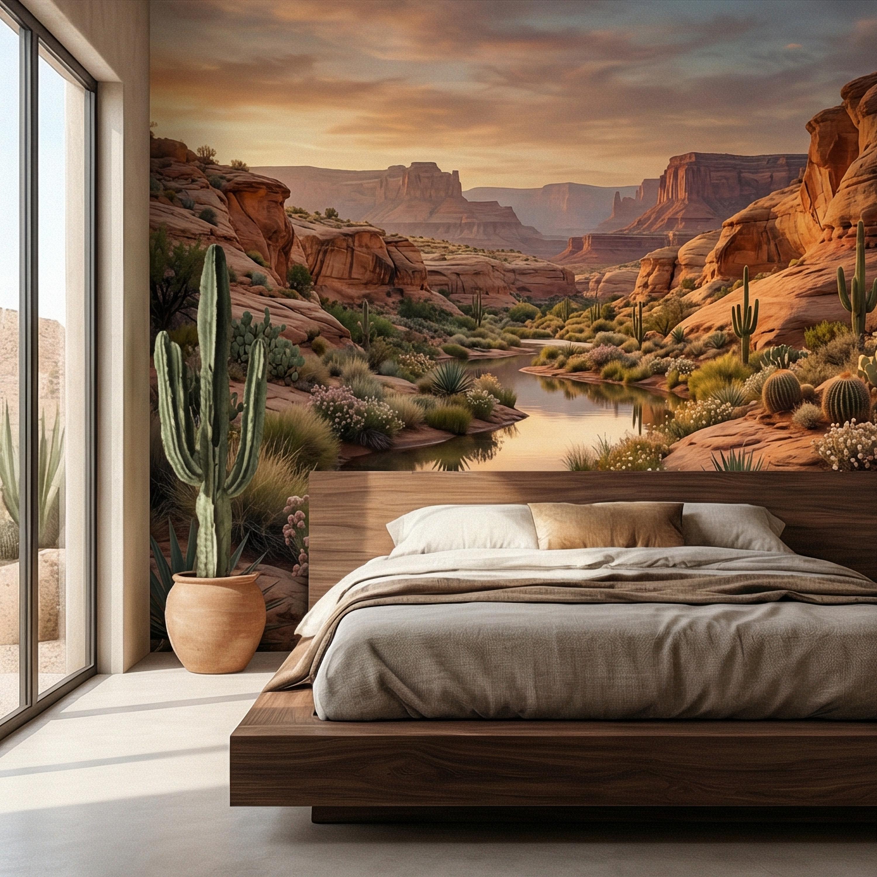 Southwest Desert Canyon Sunset Peel and Stick Wall Mural, Arizona Red Rock Desert Landscape Wallpaper