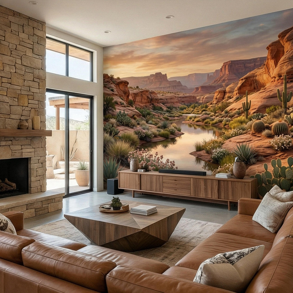 Southwest Desert Canyon Sunset Peel and Stick Wall Mural, Arizona Red Rock Desert Landscape Wallpaper