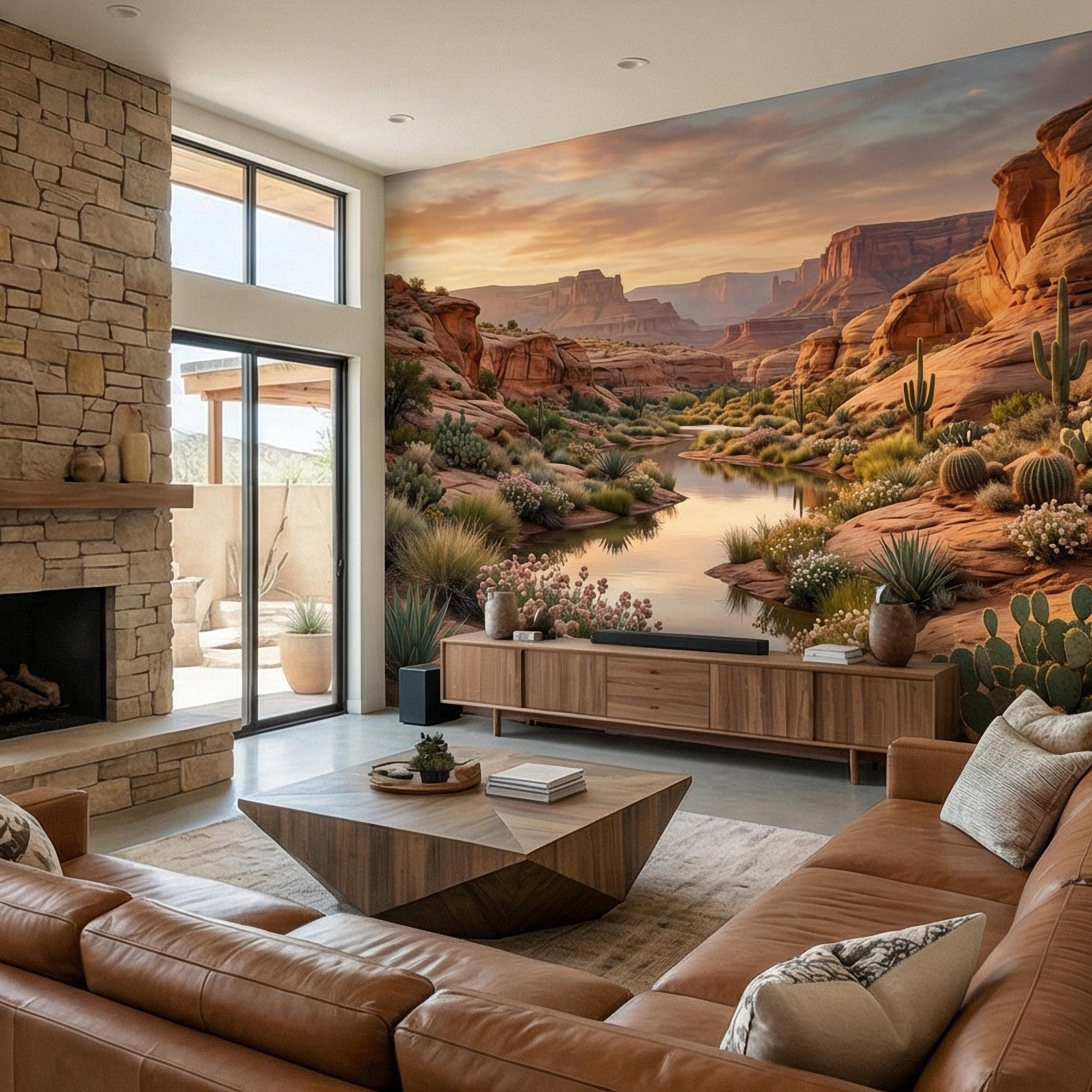 Southwest Desert Canyon Sunset Peel and Stick Wall Mural, Arizona Red Rock Desert Landscape Wallpaper