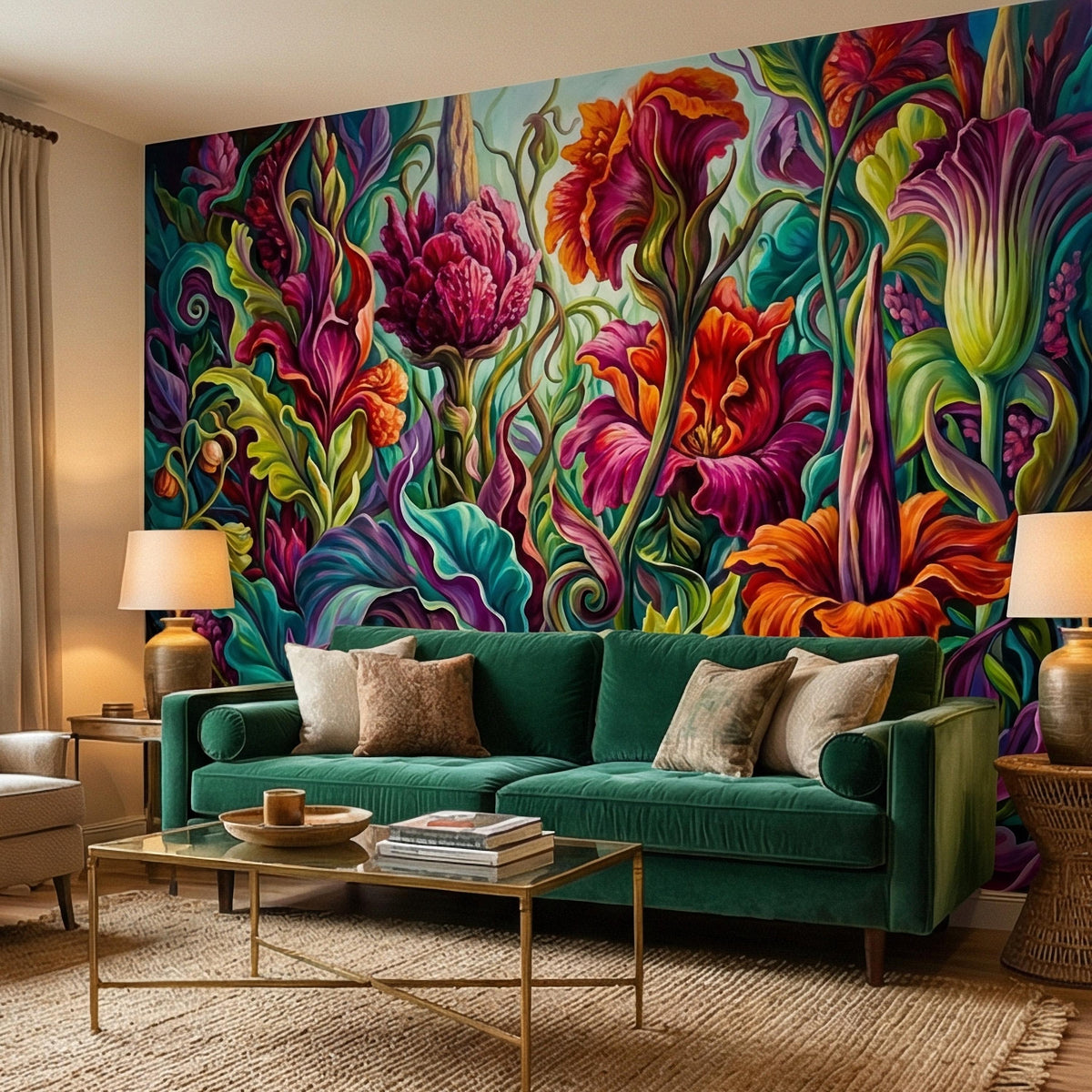 Vibrant floral wall mural with dense painterly blooms, green leaves, and colorful swirling stems