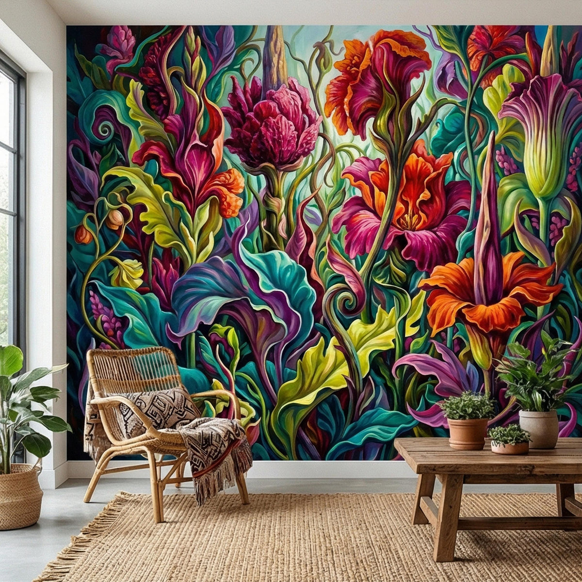 Colorful painterly floral wall mural with layered tulip-like blooms and curled stems in bold tones