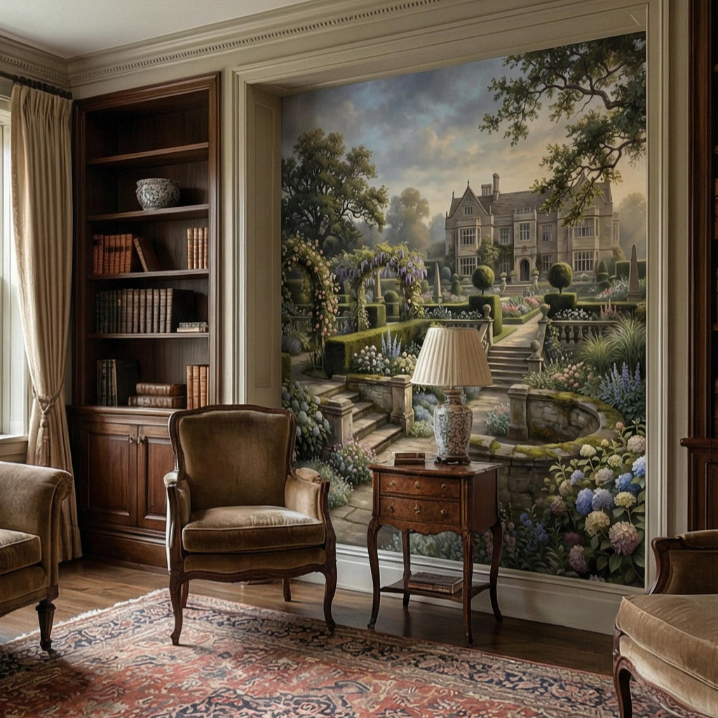 English Manor Garden Peel and Stick Wall Mural, Romantic Country Estate Rose Arbor Botanical Landscape Wallpaper