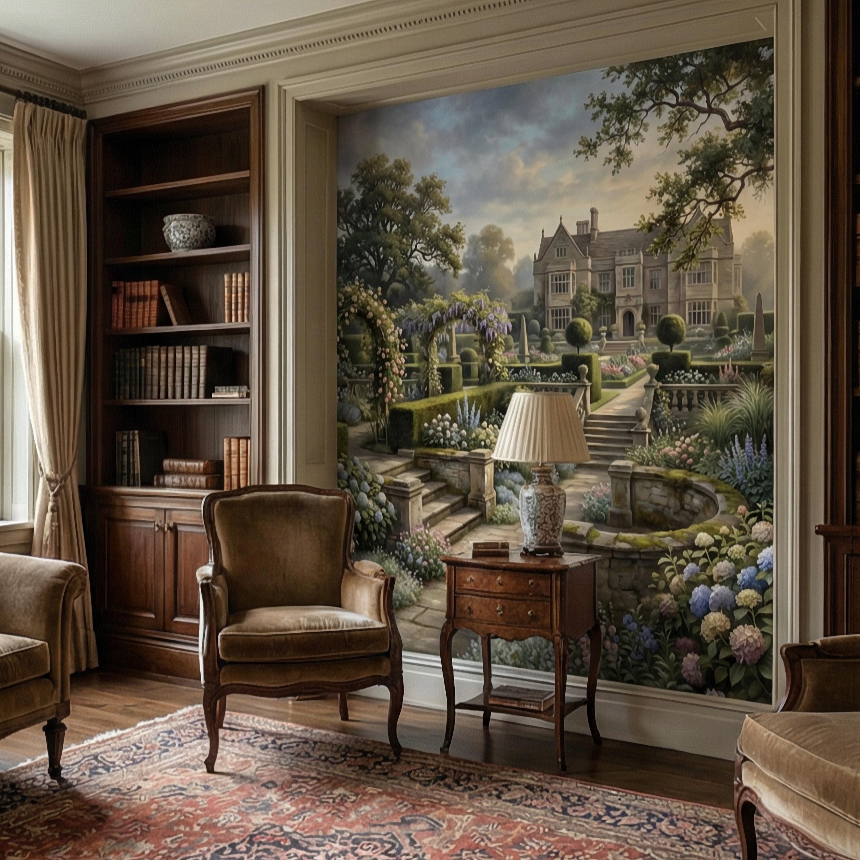 English Manor Garden Peel and Stick Wall Mural, Romantic Country Estate Rose Arbor Botanical Landscape Wallpaper