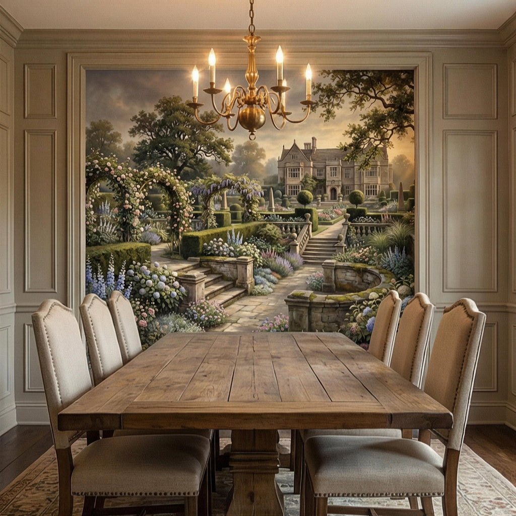 English Manor Garden Peel and Stick Wall Mural, Romantic Country Estate Rose Arbor Botanical Landscape Wallpaper