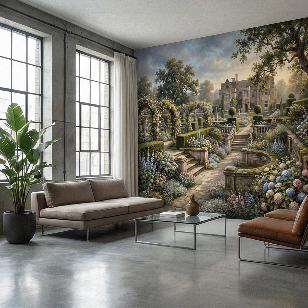 English Manor Garden Peel and Stick Wall Mural, Romantic Country Estate Rose Arbor Botanical Landscape Wallpaper