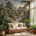 English Manor Garden Peel and Stick Wall Mural, Romantic Country Estate Rose Arbor Botanical Landscape Wallpaper