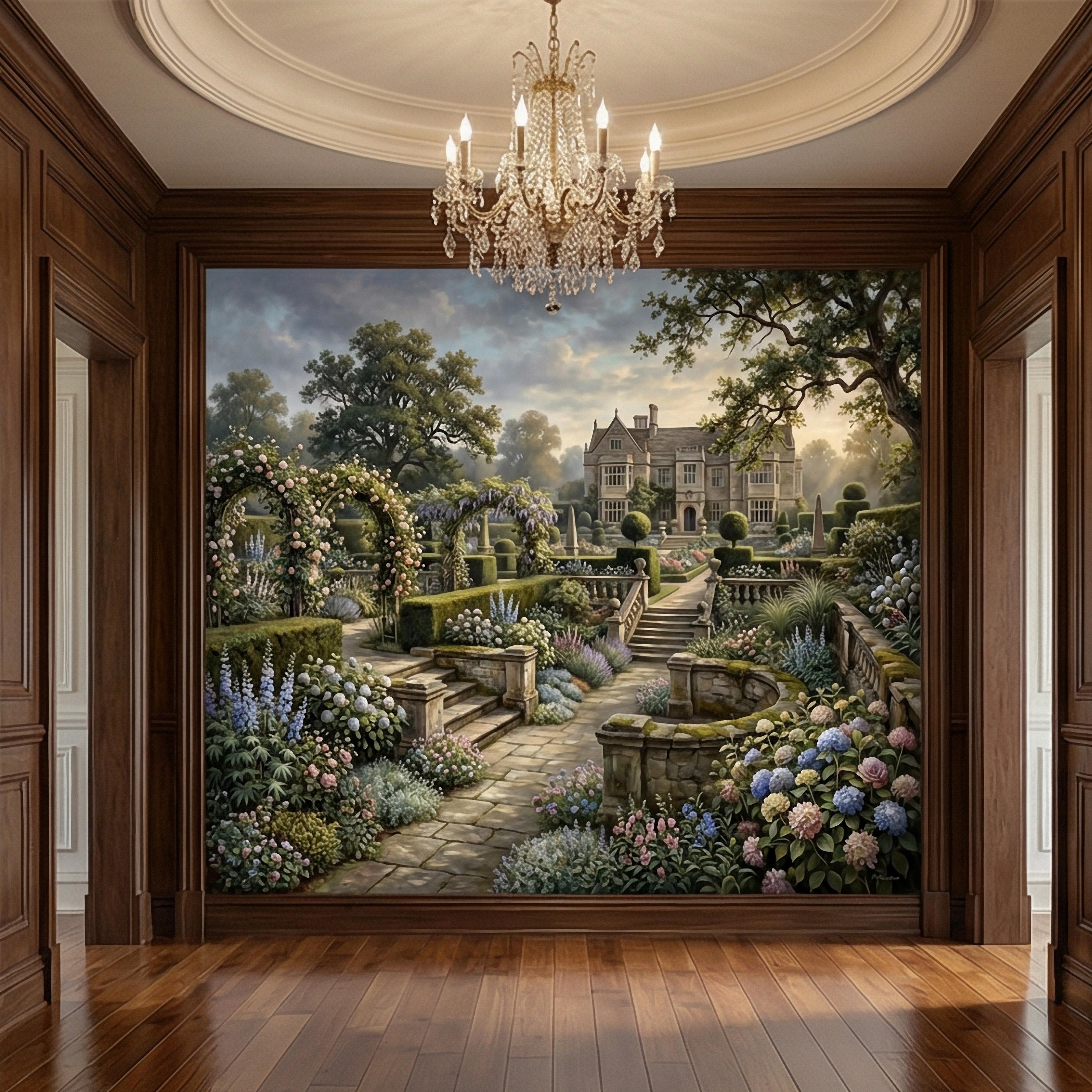 English Manor Garden Peel and Stick Wall Mural, Romantic Country Estate Rose Arbor Botanical Landscape Wallpaper