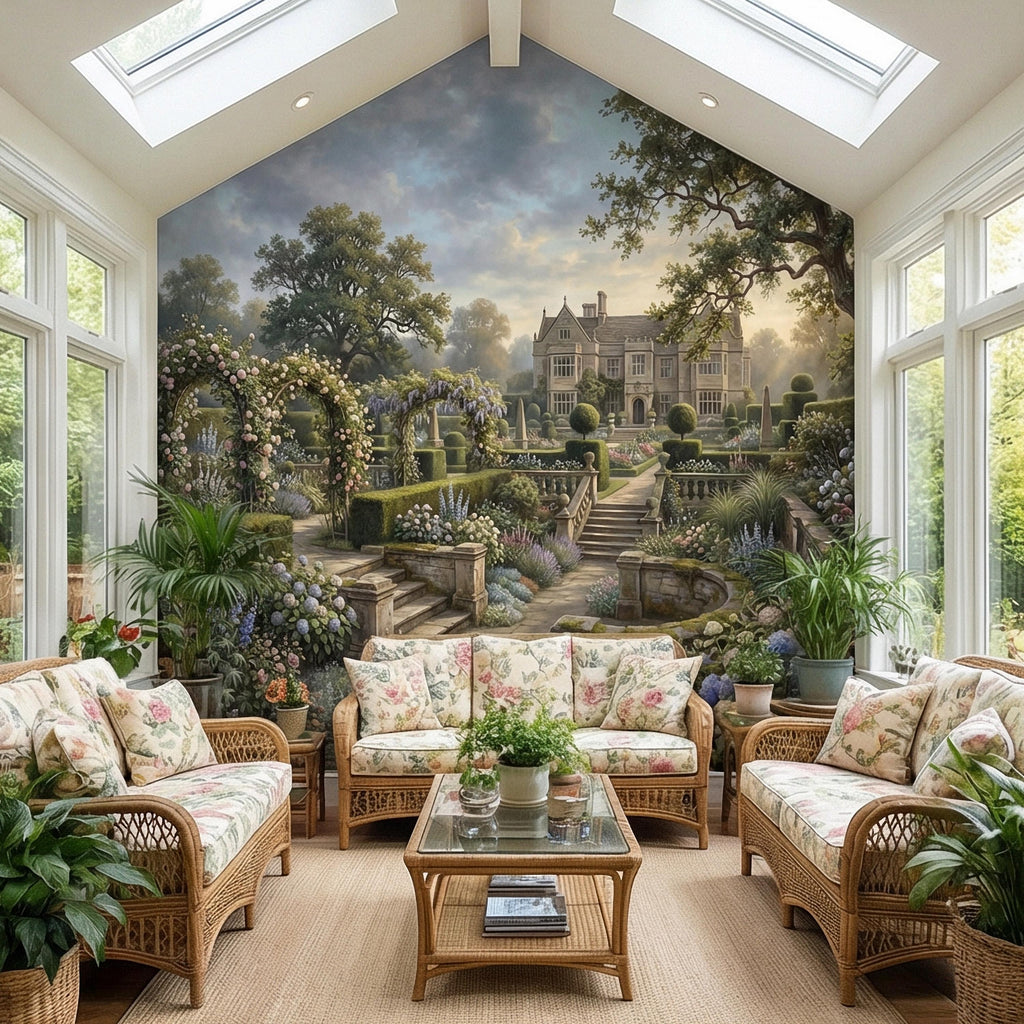 English Manor Garden Peel and Stick Wall Mural, Romantic Country Estate Rose Arbor Botanical Landscape Wallpaper