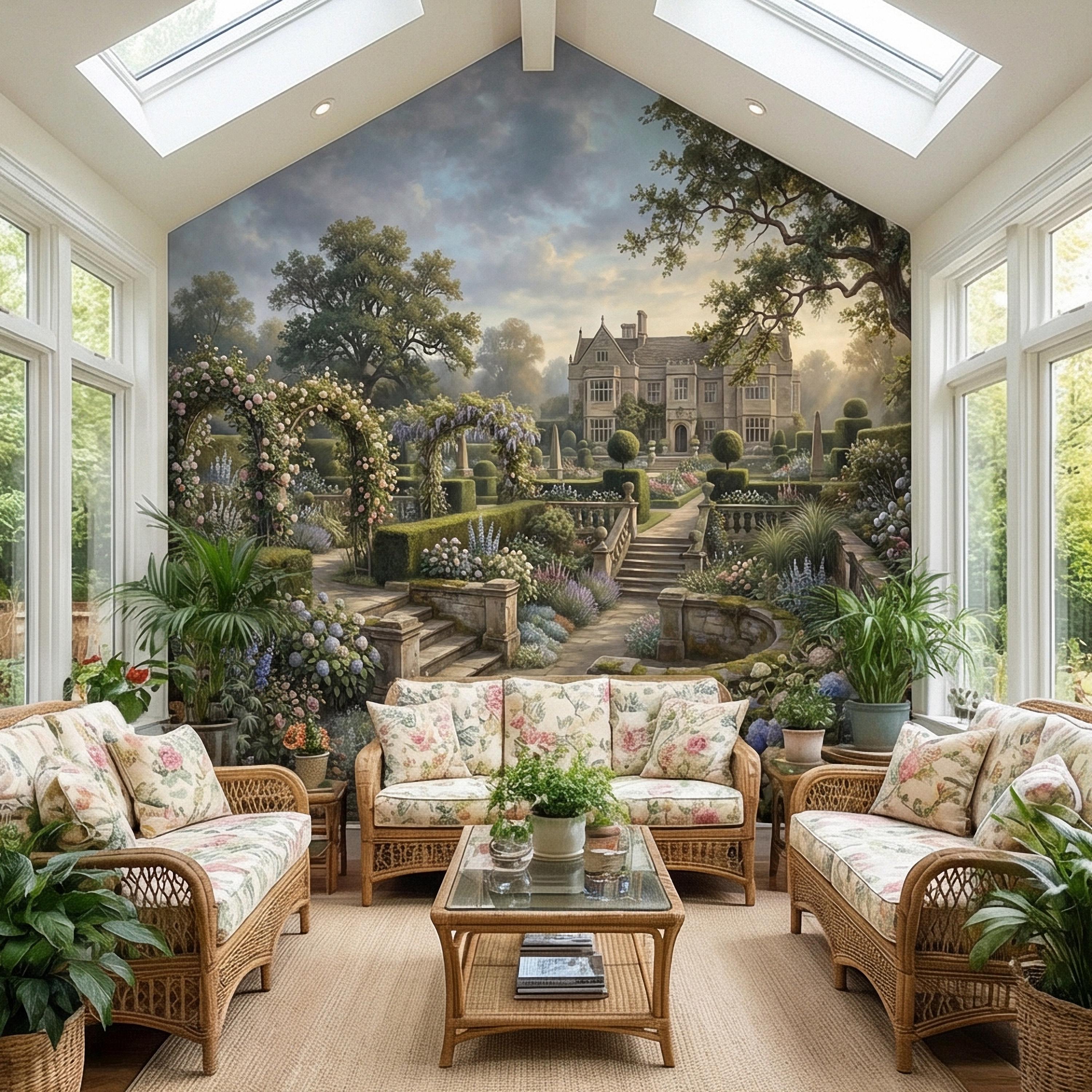 English Manor Garden Peel and Stick Wall Mural, Romantic Country Estate Rose Arbor Botanical Landscape Wallpaper